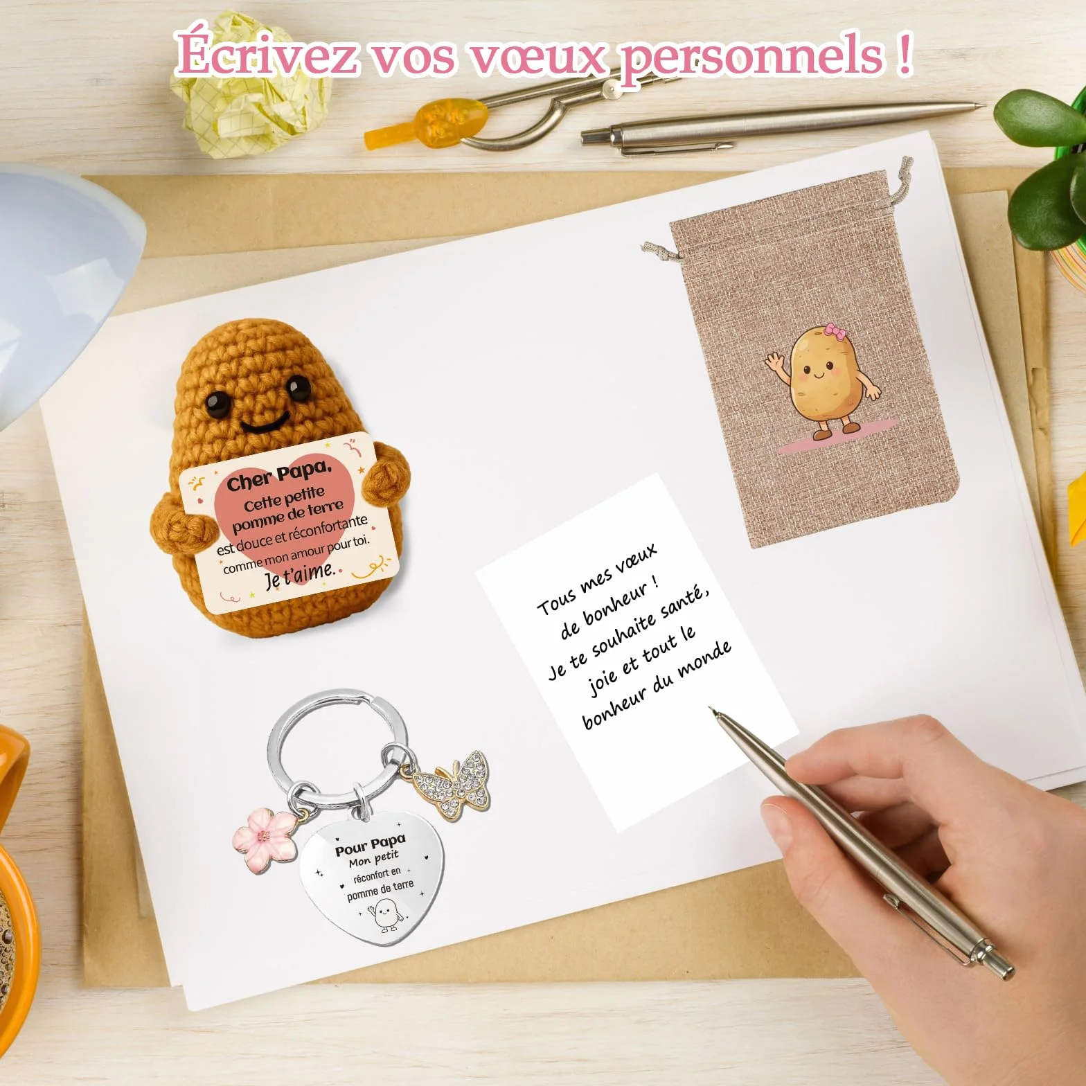 Peluche Patate Tricotée avec Carte et Porte-Clés, Cadeau Papa Anniversaire Fête des Pères Noël