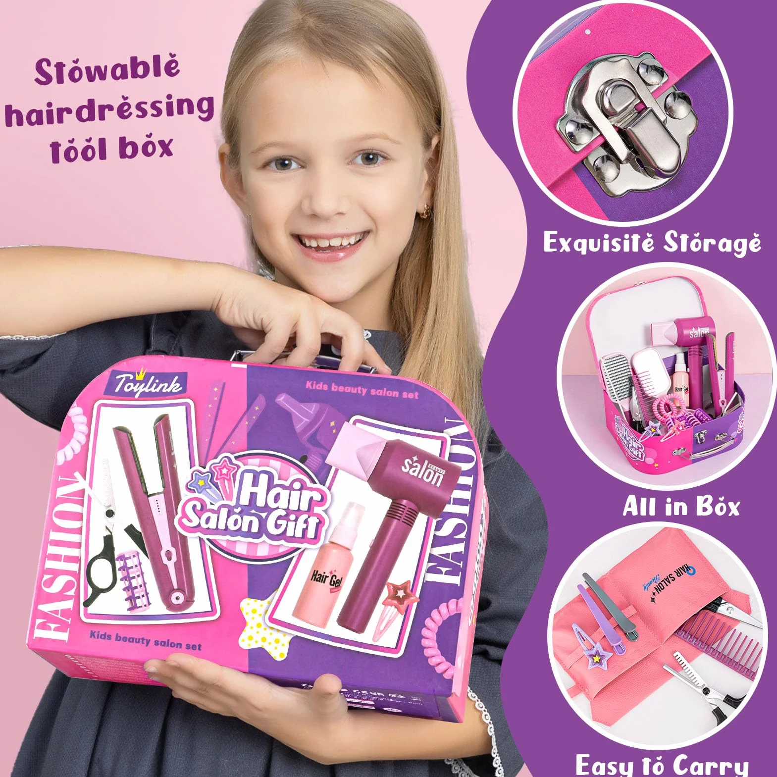 Kit Coiffure Enfant Fille Jouet avec Sèche-Cheveux Lisseur Miroir Peigne Ciseaux Tablier Coiffeur Malette Accessoires Coiffure Salon Beauté Jeu Rôle Cadeau 3-7 Ans