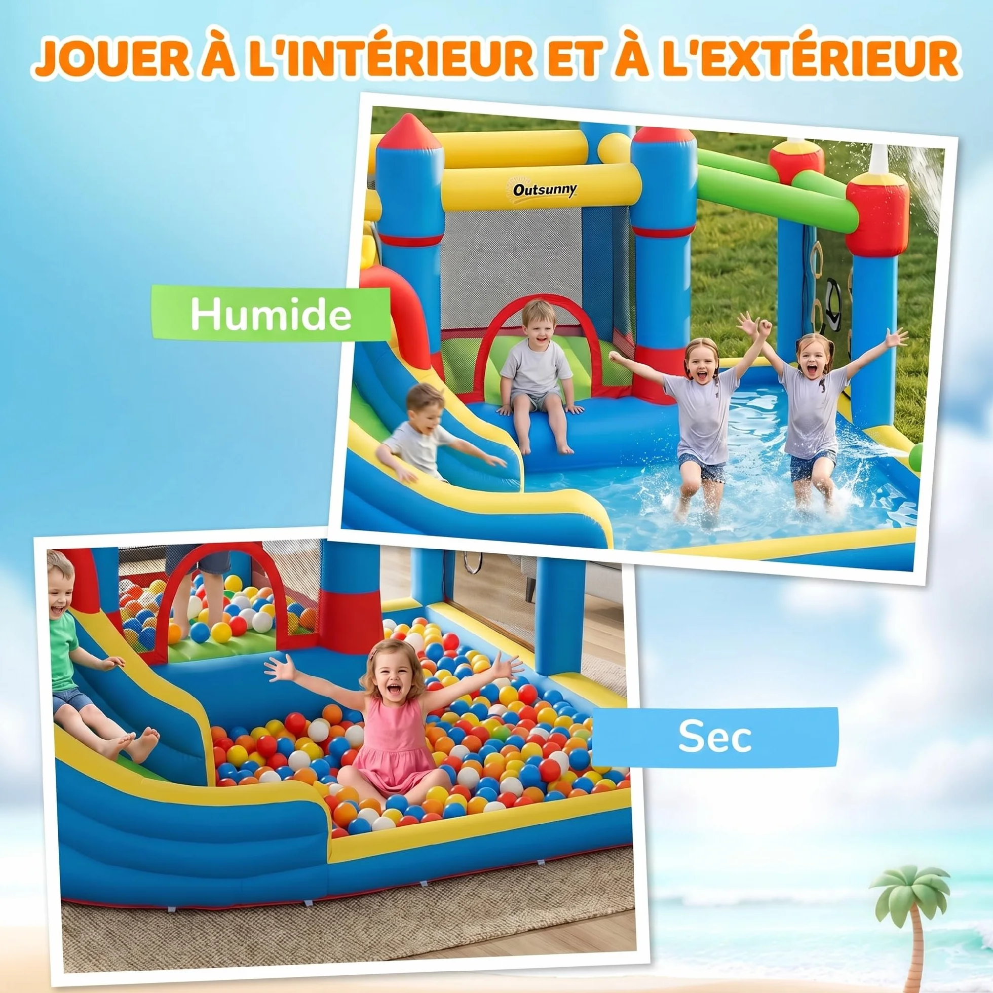 Outsunny Château Gonflable 6 en 1 Aire de Jeux avec Toboggan Trampoline Piscines 390 x 300 x 197 cm Multicolore