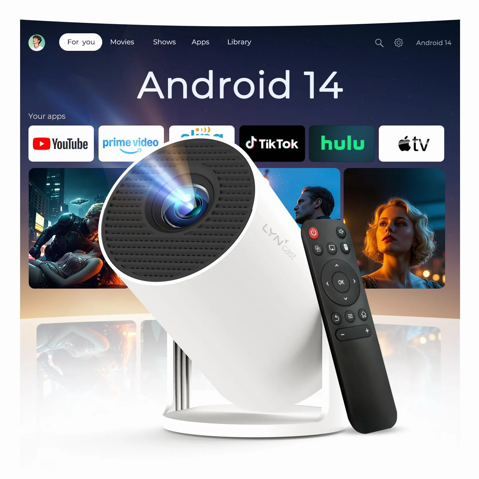 Vidéoprojecteur Wi-Fi 6 Bluetooth 5.4 4K Full HD Android 14 Auto Keystone Projecteur HDMI iPhone USB Blanc