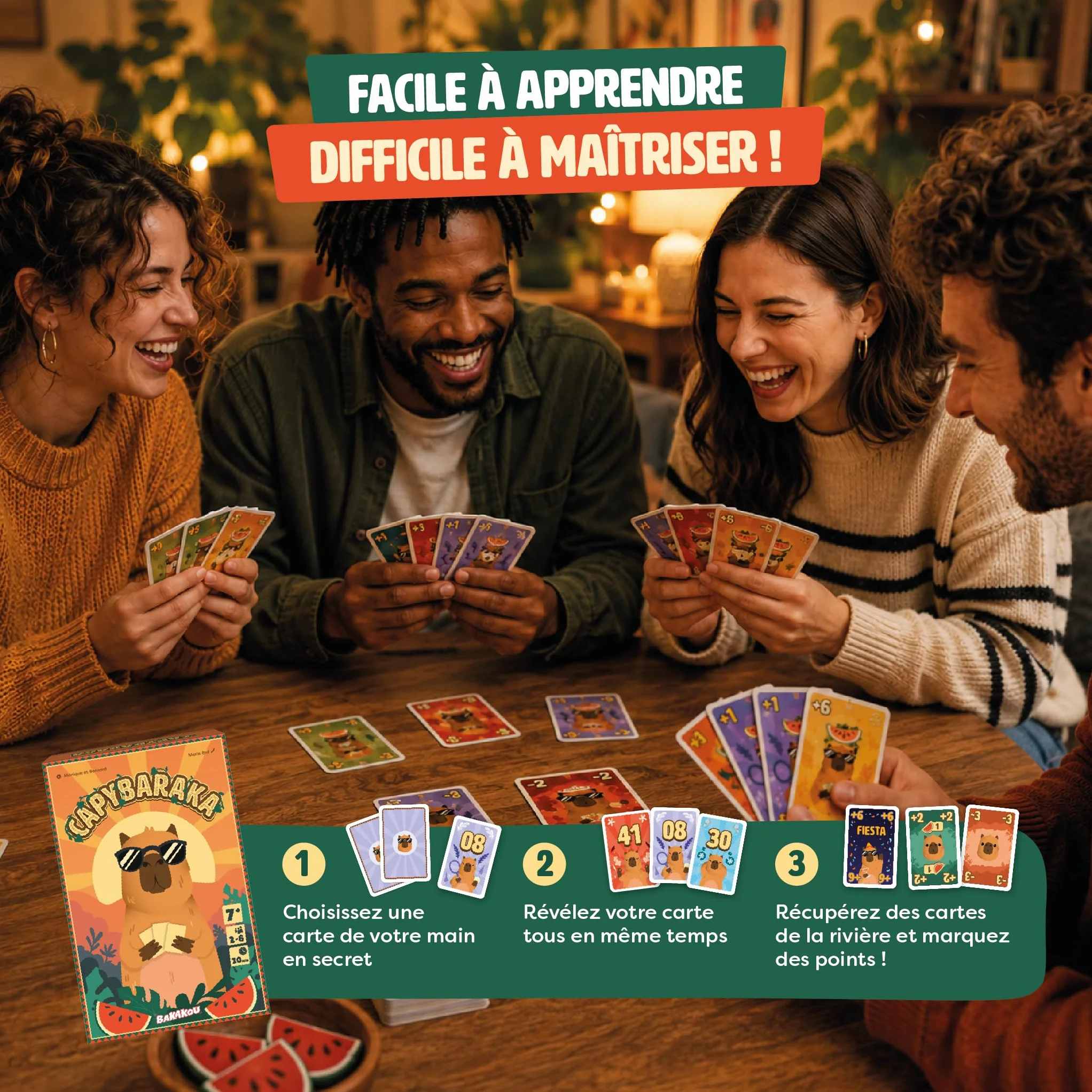 Capybaraka - Jeu de Cartes Familial et Tactique - Choix Simultané, Pastèques & Fiesta - 2 à 6 Joueurs - Dès 7 Ans - 20 Min
