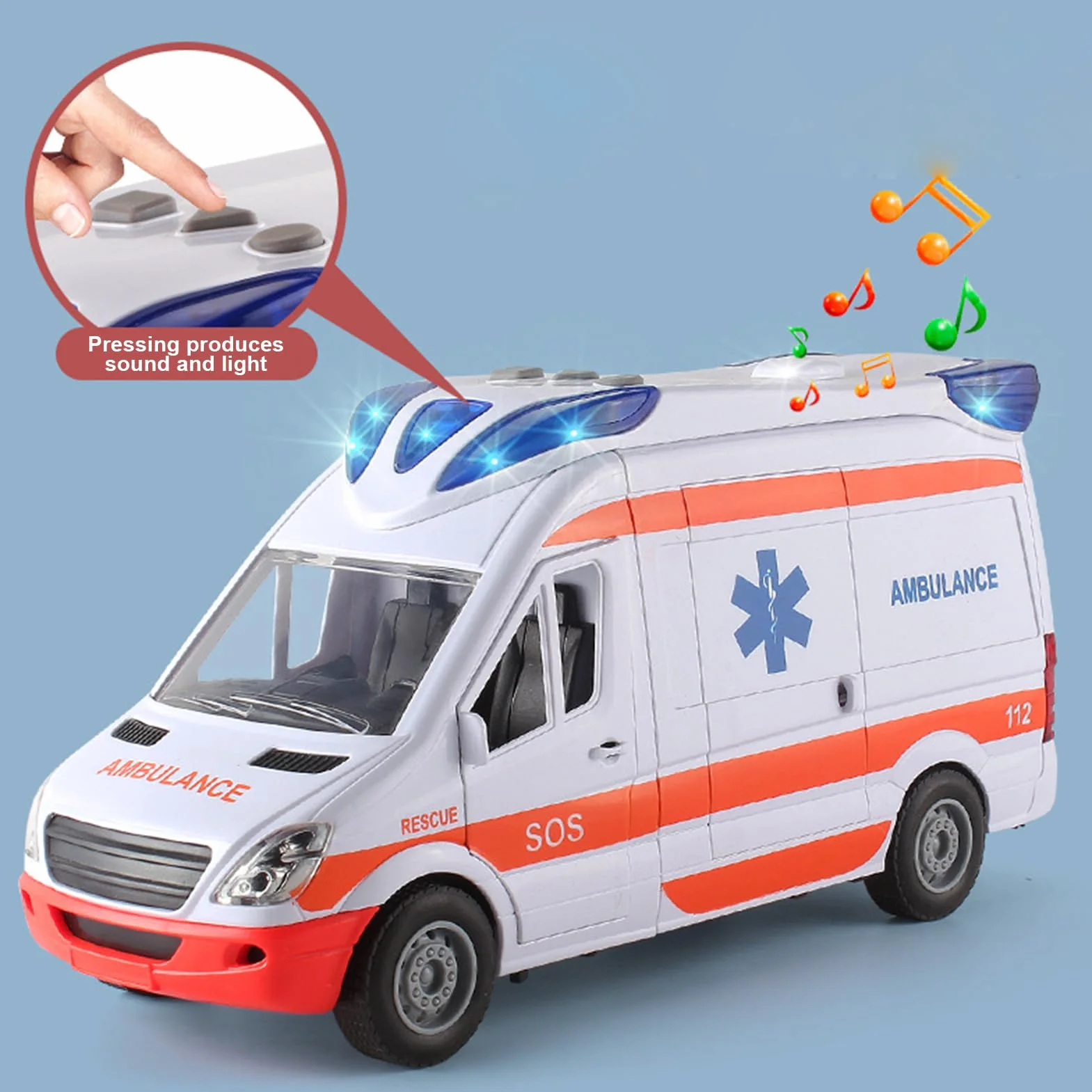 Jouet d'ambulance Pp véhicule de sauvetage d'urgence avec civière panneau arrière ouvrant lumières sons