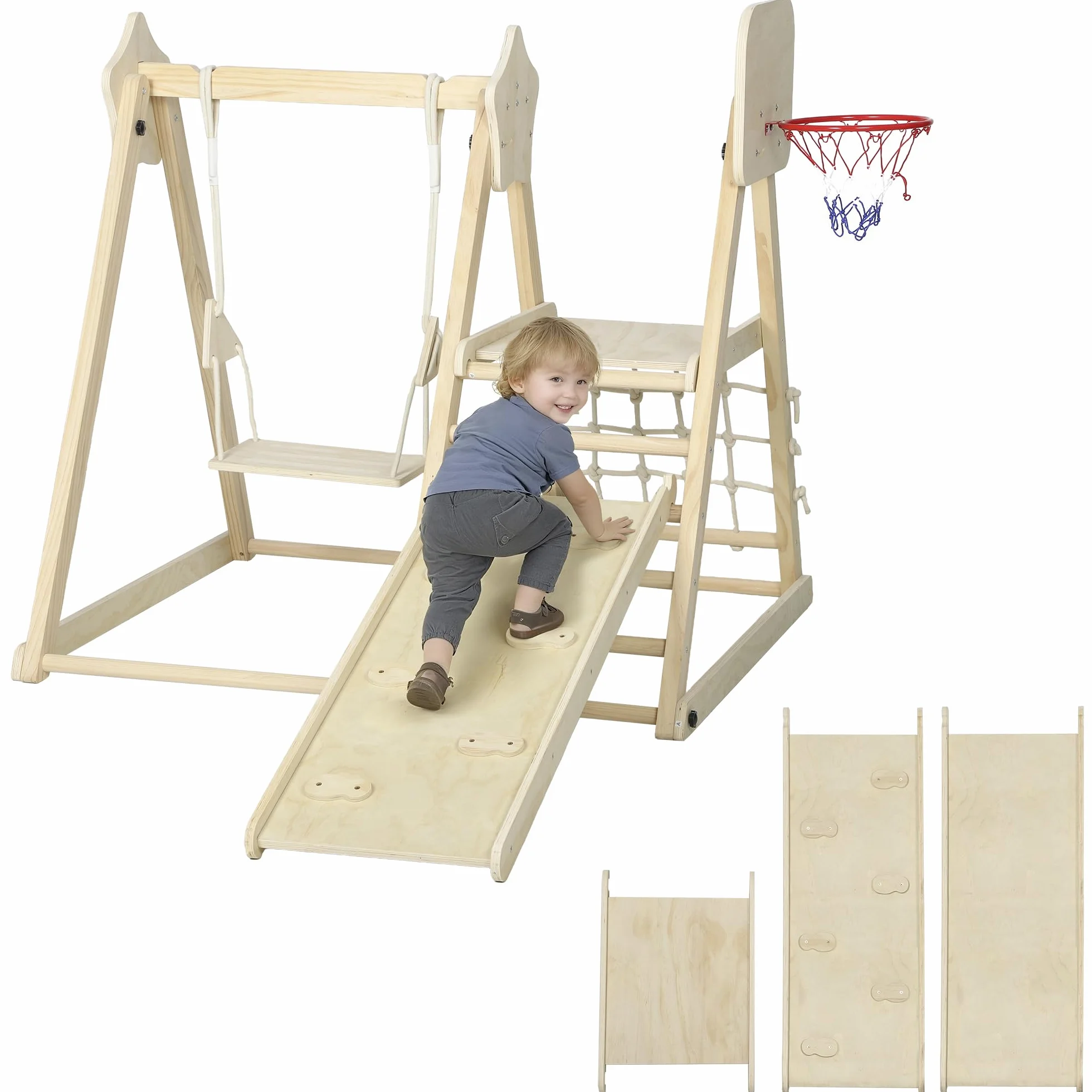 AIYAPLAY Toboggan 5 en 1 structure d'escalade en bois avec balançoire et panier de basket pour enfants 3-6 ans intérieur extérieur