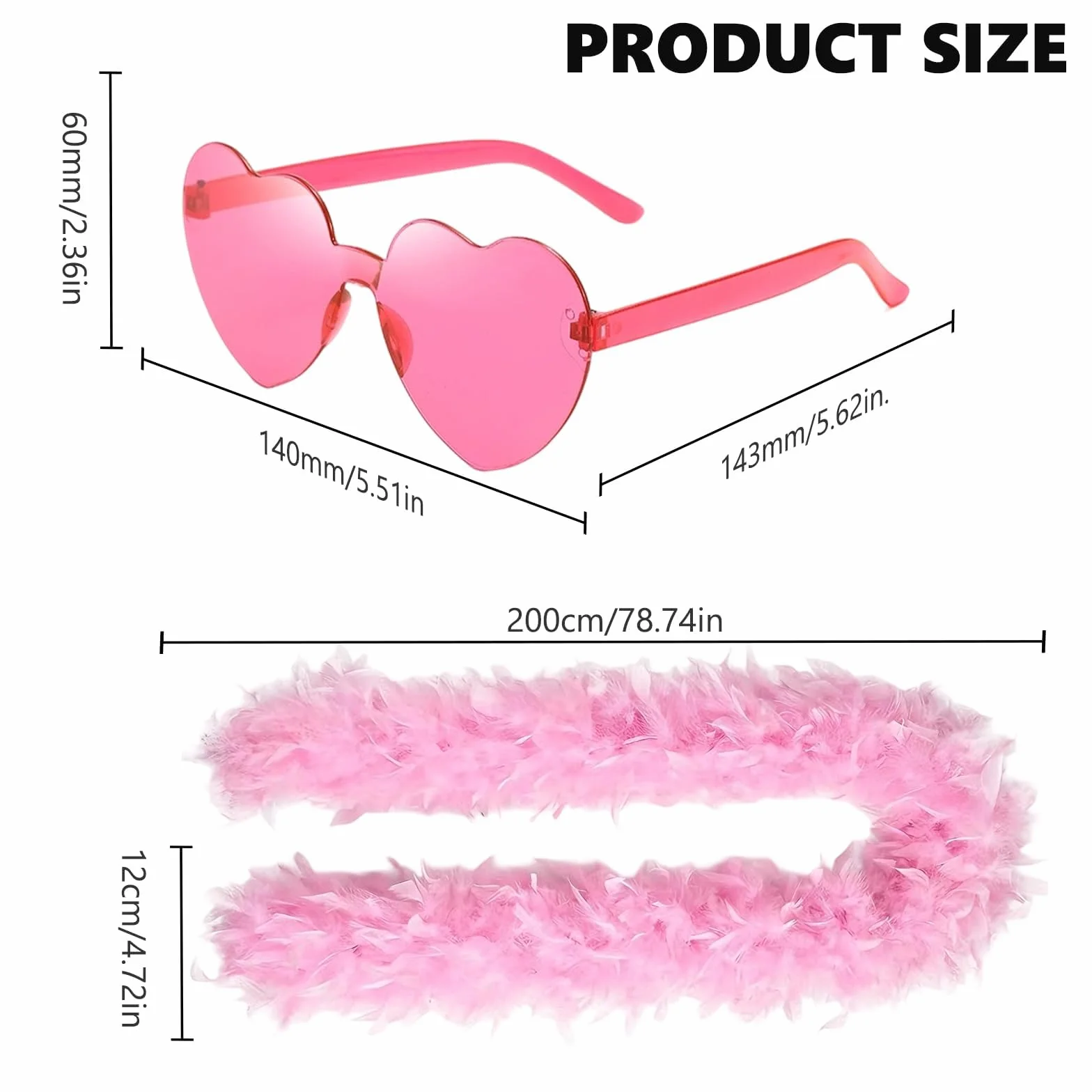 Boa en Plumes Roses 2M, Châle en Plumes avec Lunettes Cœur, Accessoire Danse Mariage Fête Cosplay Halloween