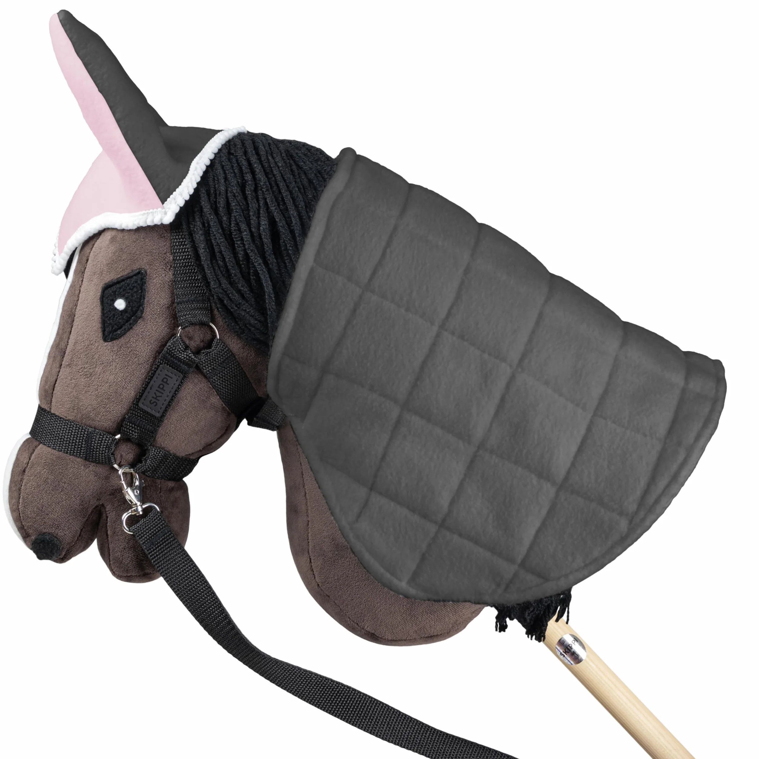 SKIPPI Couverture Réversible et Bonnet Anti Mouches pour Hobby Horse - Rose et Gris, Accessoire Tête de Cheval