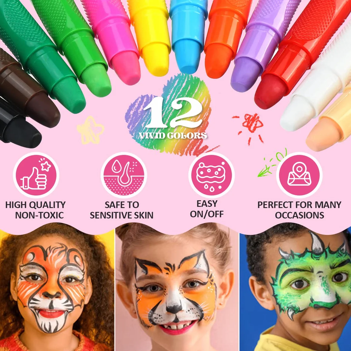 Visage Peinture 12 Couleurs Crayon Maquillage Enfant Non-Toxique Lavable Maquillage Carnaval Peinture Corporelle