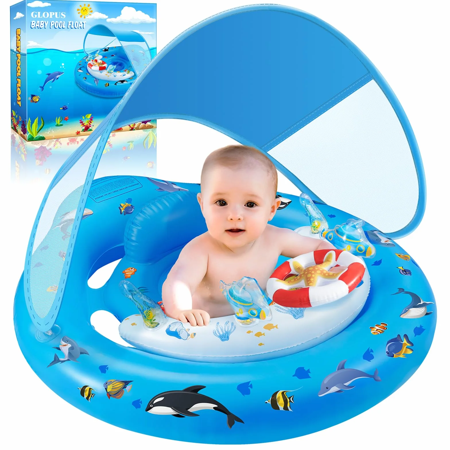 GLOPUS Bouée Bébé Piscine avec Pare Soleil UPF 50+ pour 6 à 36 Mois