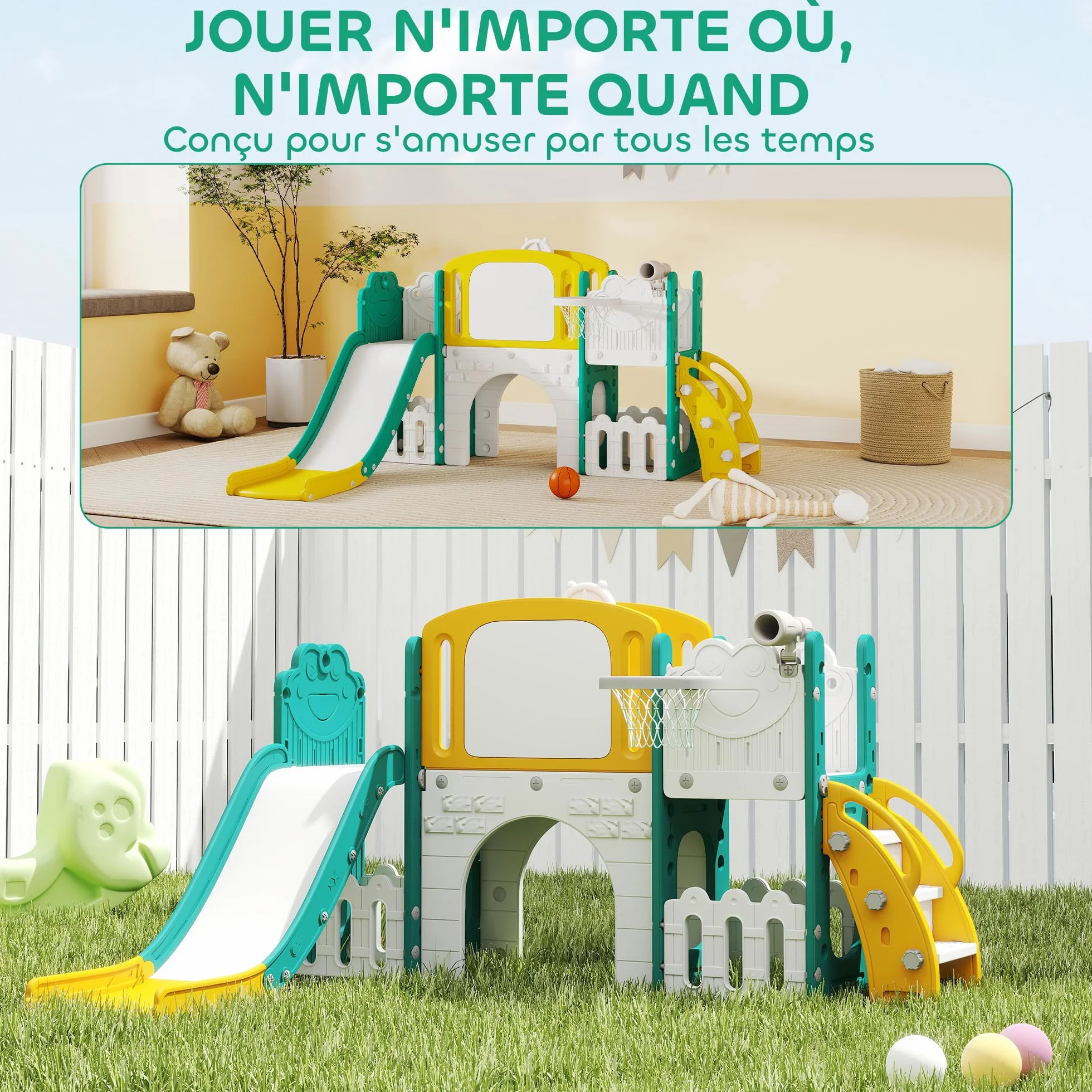 AIYAPLAY Toboggan 7 en 1 pour Enfant avec Panier de Basket, Tunnel, Escalade, Aire de Jeux intérieur et extérieur 1-3 Ans Jaune