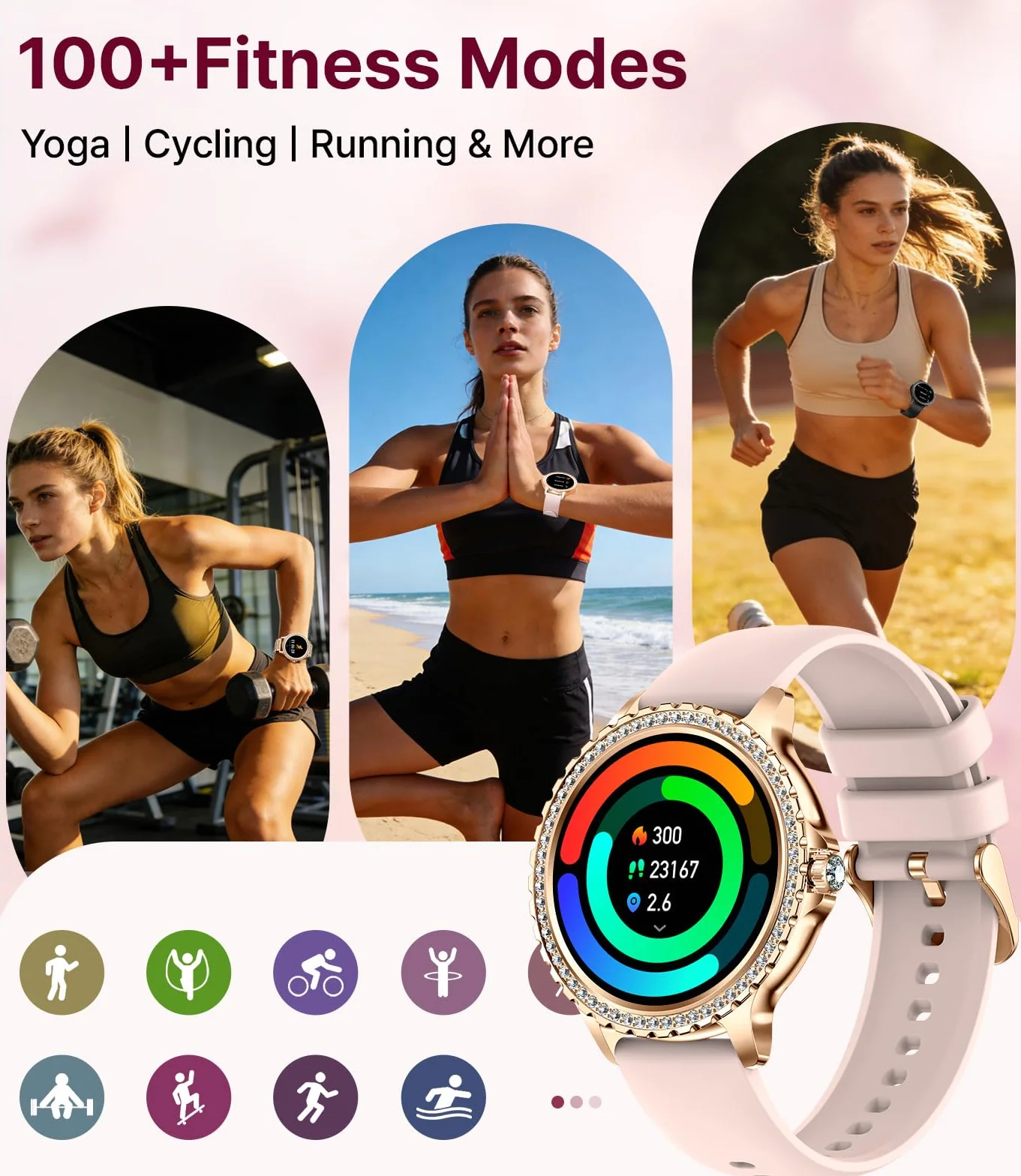 LIGE Montre Connectée Femme Bluetooth Appels Android iOS Sport Fitness Tracker 1,32" HD Fréquence Cardiaque Sommeil Smartwatch Rose Or