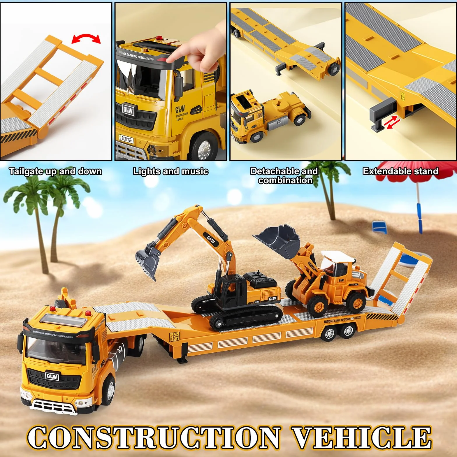 UCAMP 1:40 Camion Transporteur Voiture avec Sons et Lumières Tractopelle Pelleteuse Bulldozer Jouet Enfant Cadeau Garçon 3 4 5 6 7 Ans