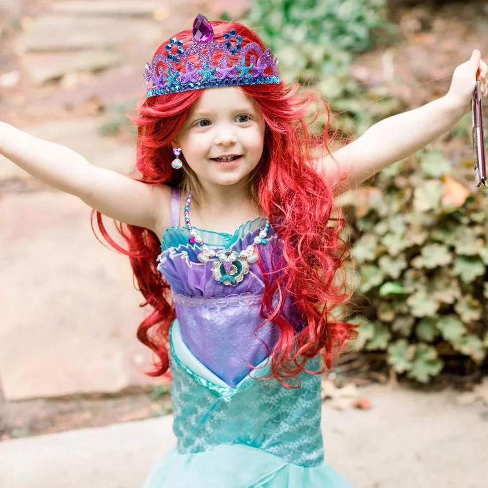 Perruque Sirène Enfant Ariel Rouge Longue Bouclée Costume Carnaval Fête Thème Cosplay