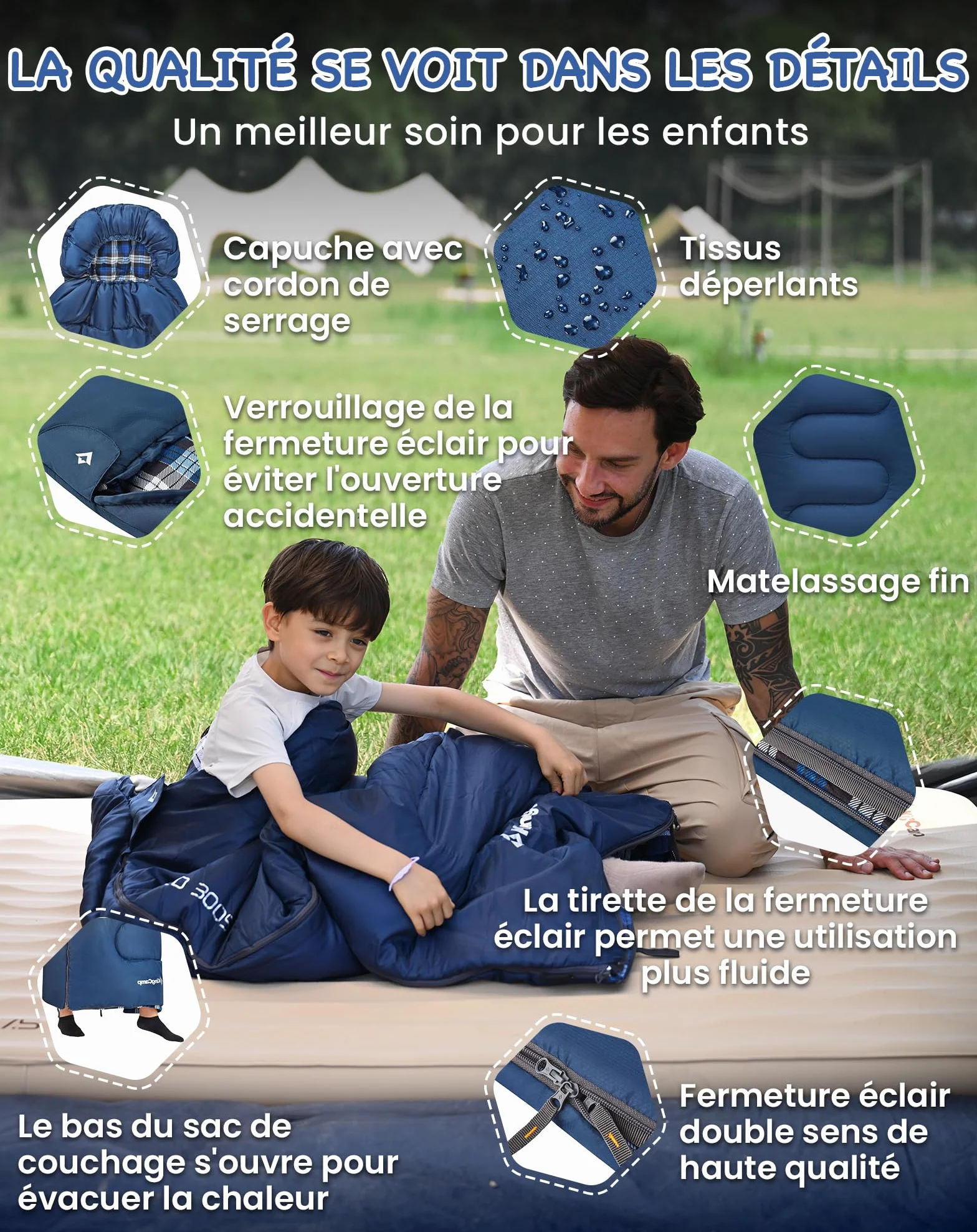 Kingcamp Sac de Couchage Enfant Flanelle Coton 170x70cm 7°C à -13°C 3-4 Saisons