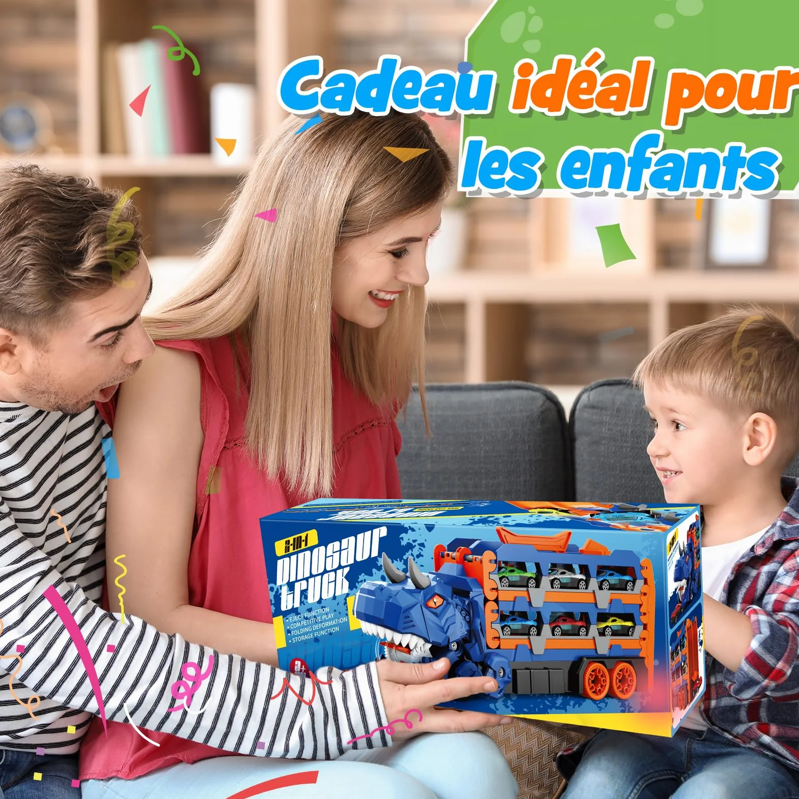 Camion Dinosaure Jouet Enfant 2-6 Ans 150 CM Transport avec 6 Mini Voitures