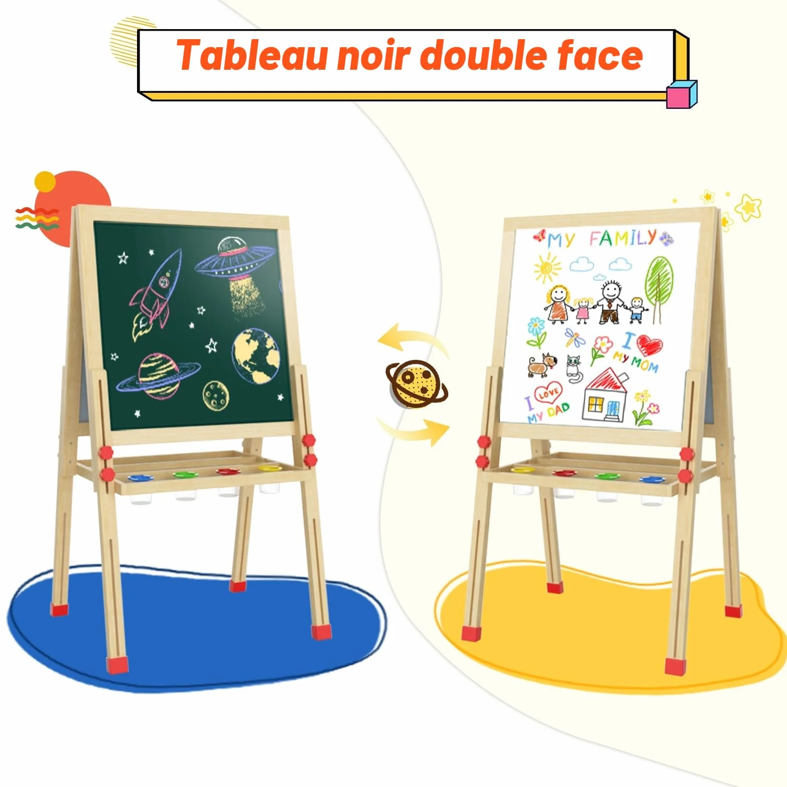 Dripex Tableau Enfant Double Face, Chevalet Bois Réglable Hauteur Tableau Noir et Blanc avec Craie Aimants, Jouet Educatif Créatif pour Garçon Fille 3+ Ans 55x55CM