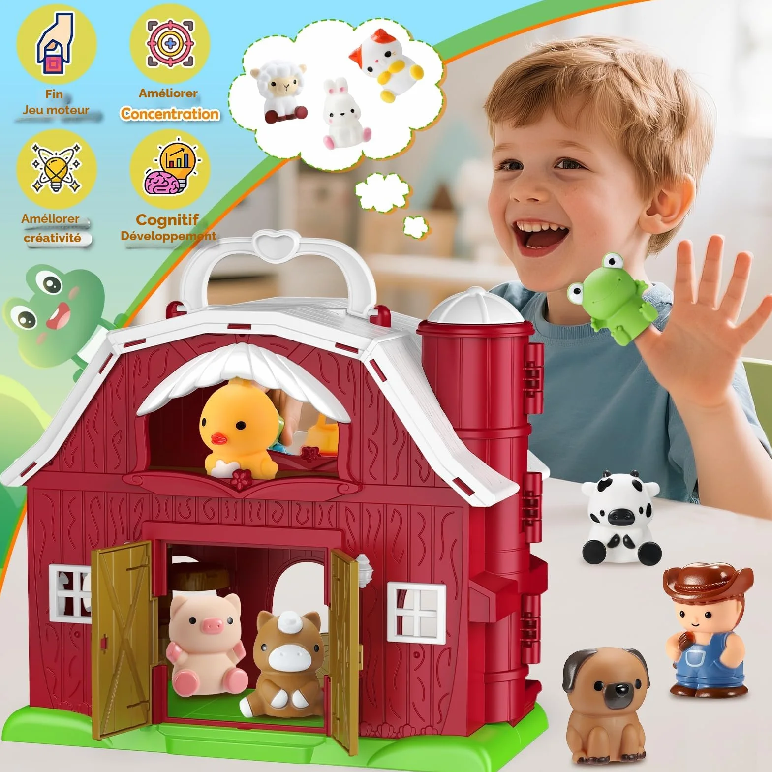 Jouet Ferme Montessori pour Bébé 1-4 Ans, Grange Dépliable avec 9 Animaux & Fermier - Jeux Éducatif Portable