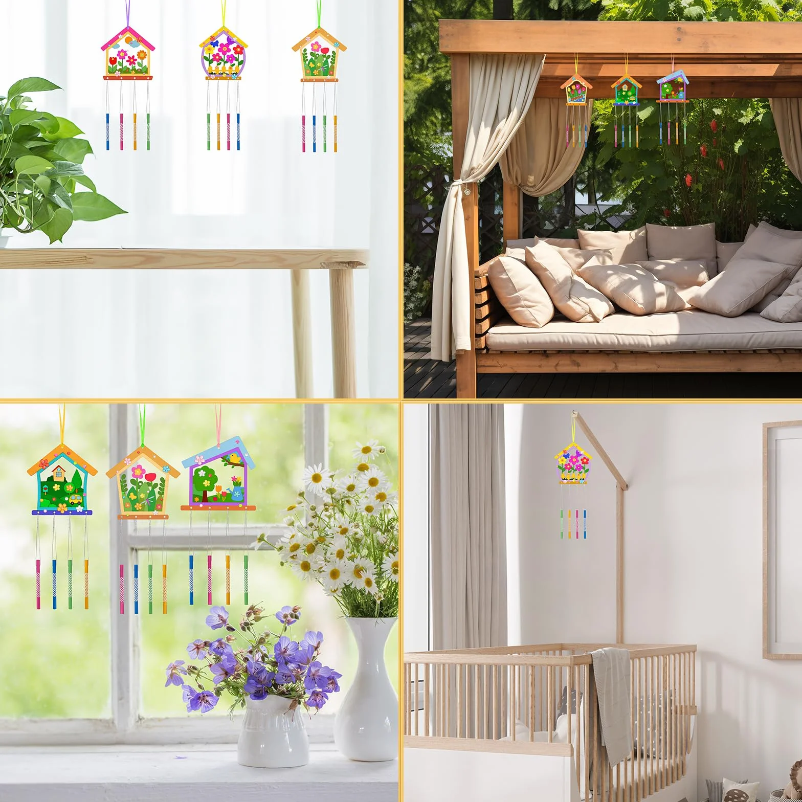 Lot de 12 carillons à vent en bois pour enfants, décoration jardin intérieur extérieur