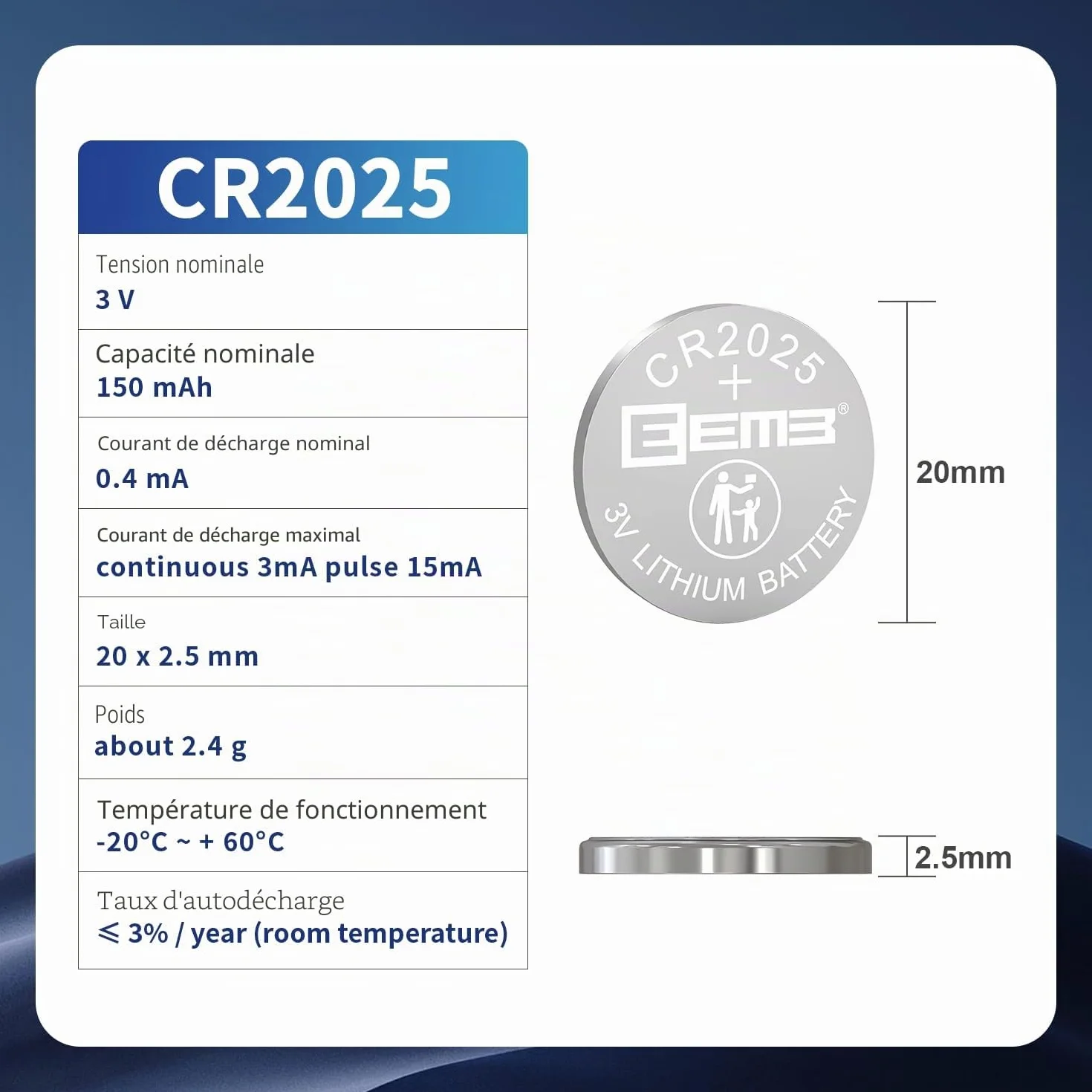 EEMB CR2025 Batterie au Lithium 3V Bouton Pile 5 Pack pour Key Fob, Montre