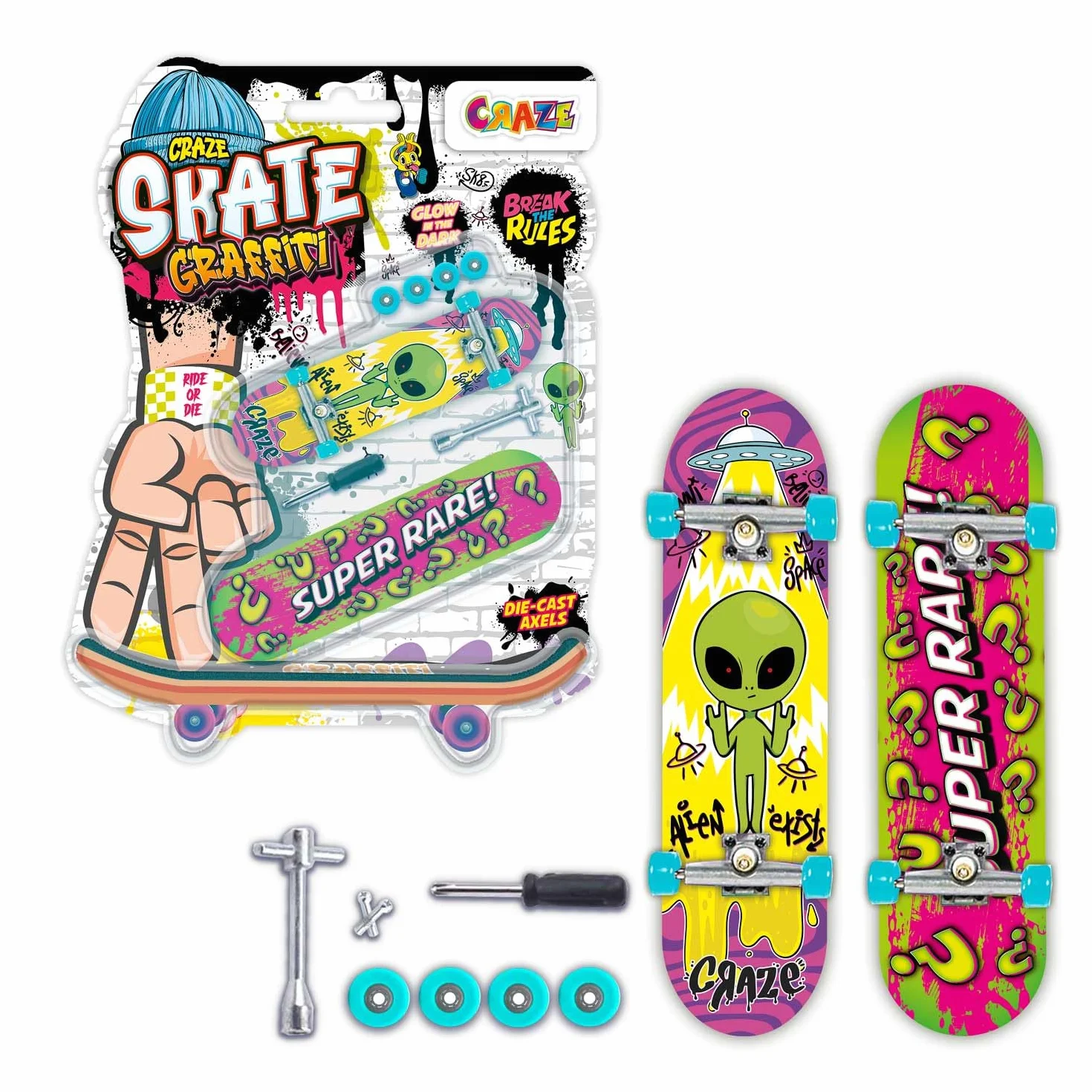 Craze Skate Pack de 2 Mini Skate Doigt Designs Aléatoires Parmi 4 Modèles Fingerboard Personnalisable avec Outils et Pièces