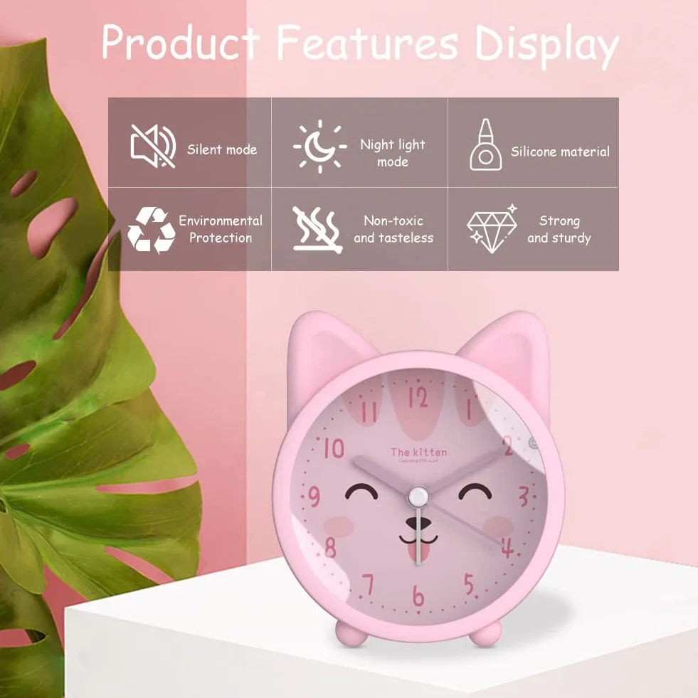Roadtime Joli réveil-matin animalier pour enfants, horloge lapin/chat/cerf, réveil de bureau silencieux avec rétroéclairage (chat, rose)