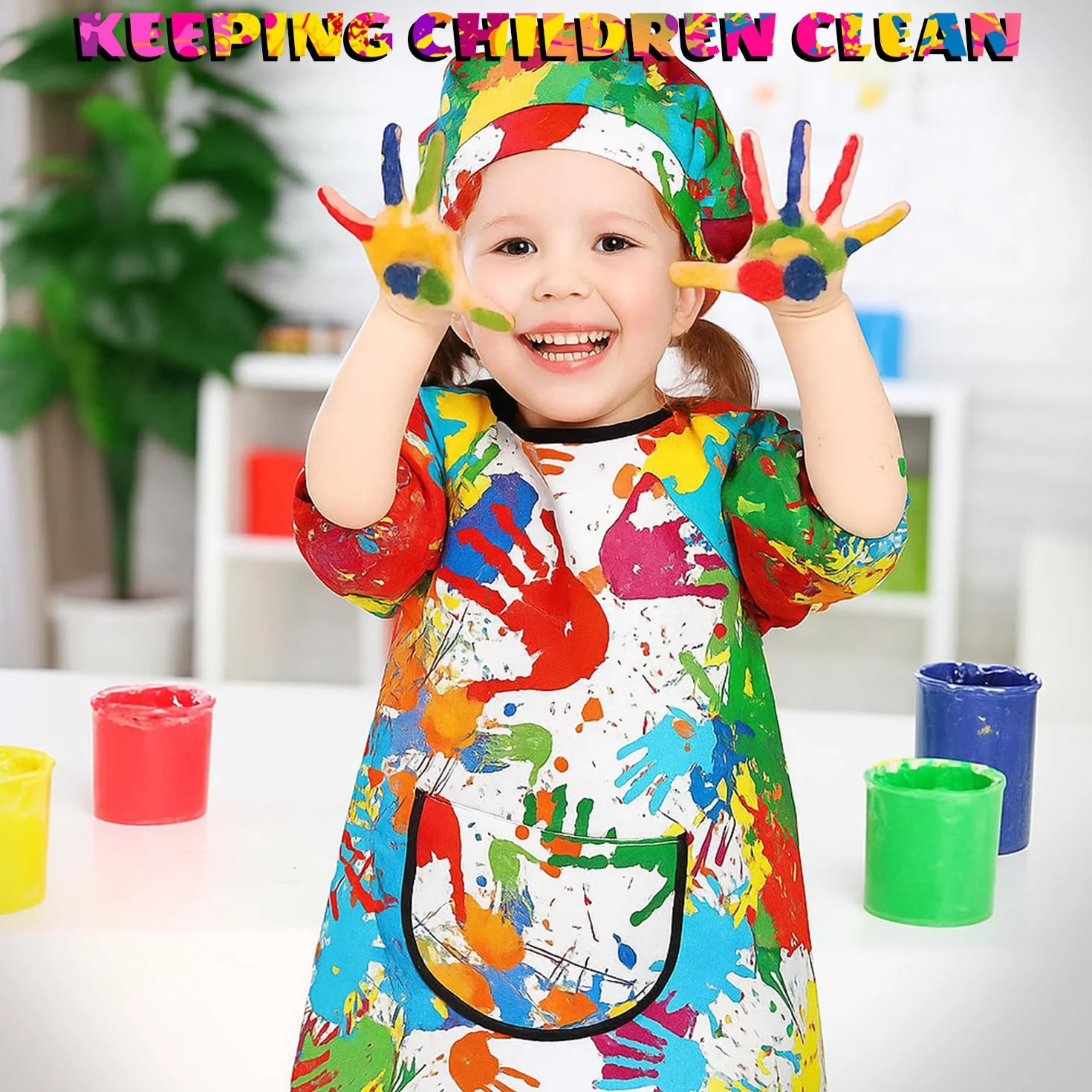 Tablier Peinture Enfant Imperméable 7-11 ans Réutilisable avec Capuche Manches Poches