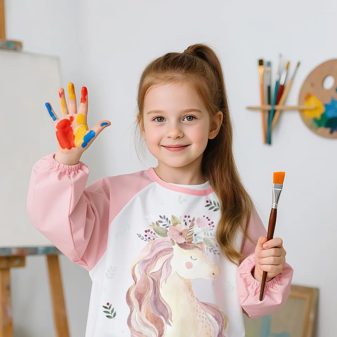 Tablier Peinture Enfant 3-8 Ans Imperméable Manches Longues 3 Poches Licorne Dino Animal