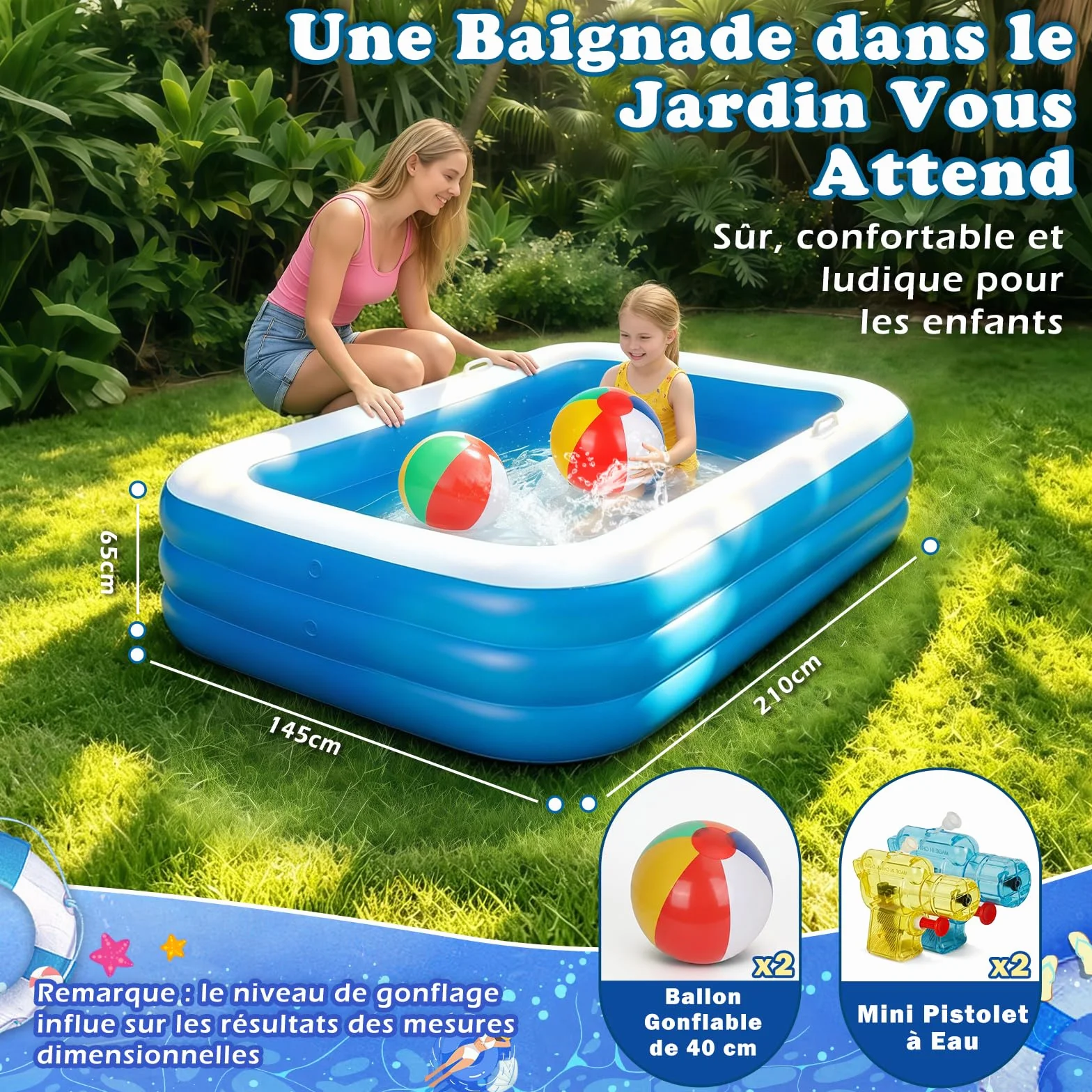 Piscine Gonflable Enfants Rectangulaire avec Ballons et Pistolets à Eau, Pataugeoire pour Jardin Extérieur Été (Bleu)