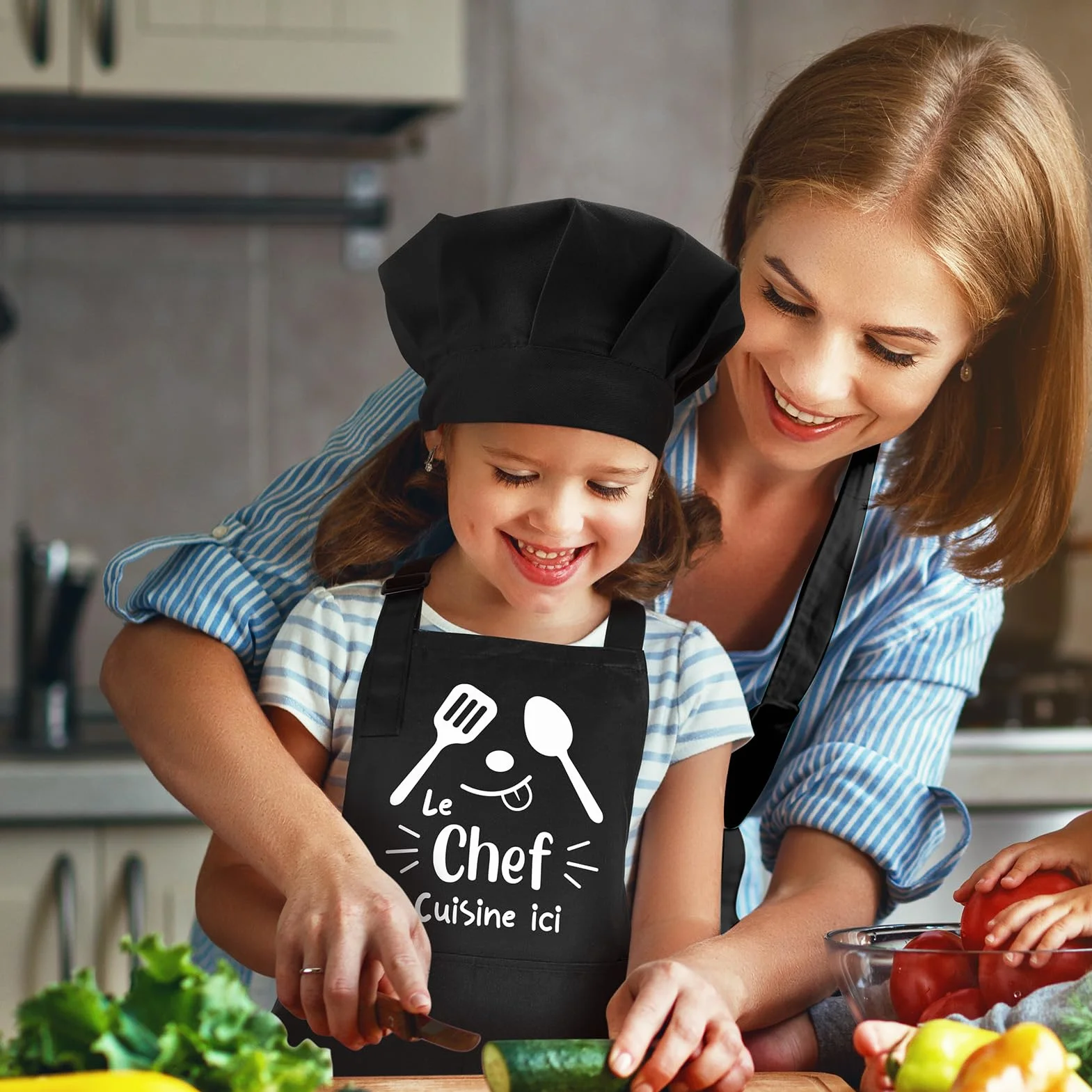 Tablier Enfant et Chapeau de Chef Réglables avec Poche pour Cuisine et Pâtisserie
