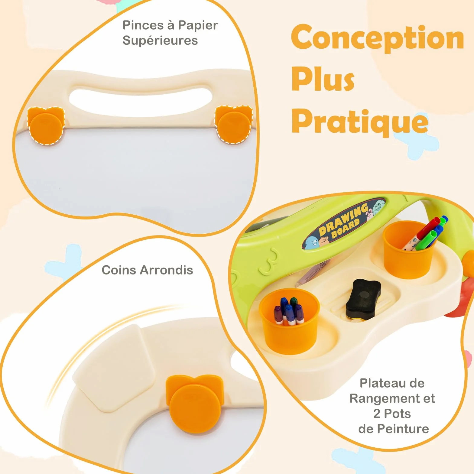 COSTWAY Tableau Enfant Double Face Chevalet avec Hauteur Réglable, Plateau Rangement 2 Pots, Pivotant 360° 3 Ans+ Orange