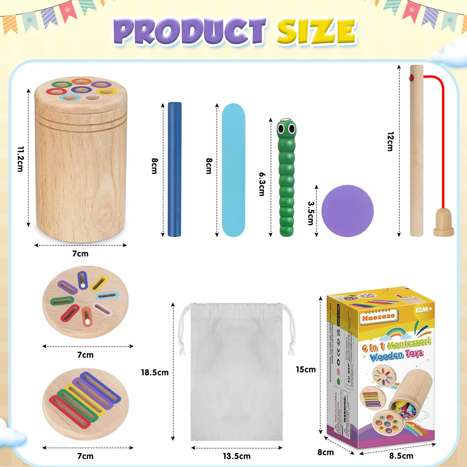 Jouet Montessori 4 en 1 pour Enfant 1-3 Ans, Jeu Educatif Apprendre les Couleurs avec Sac de Rangement