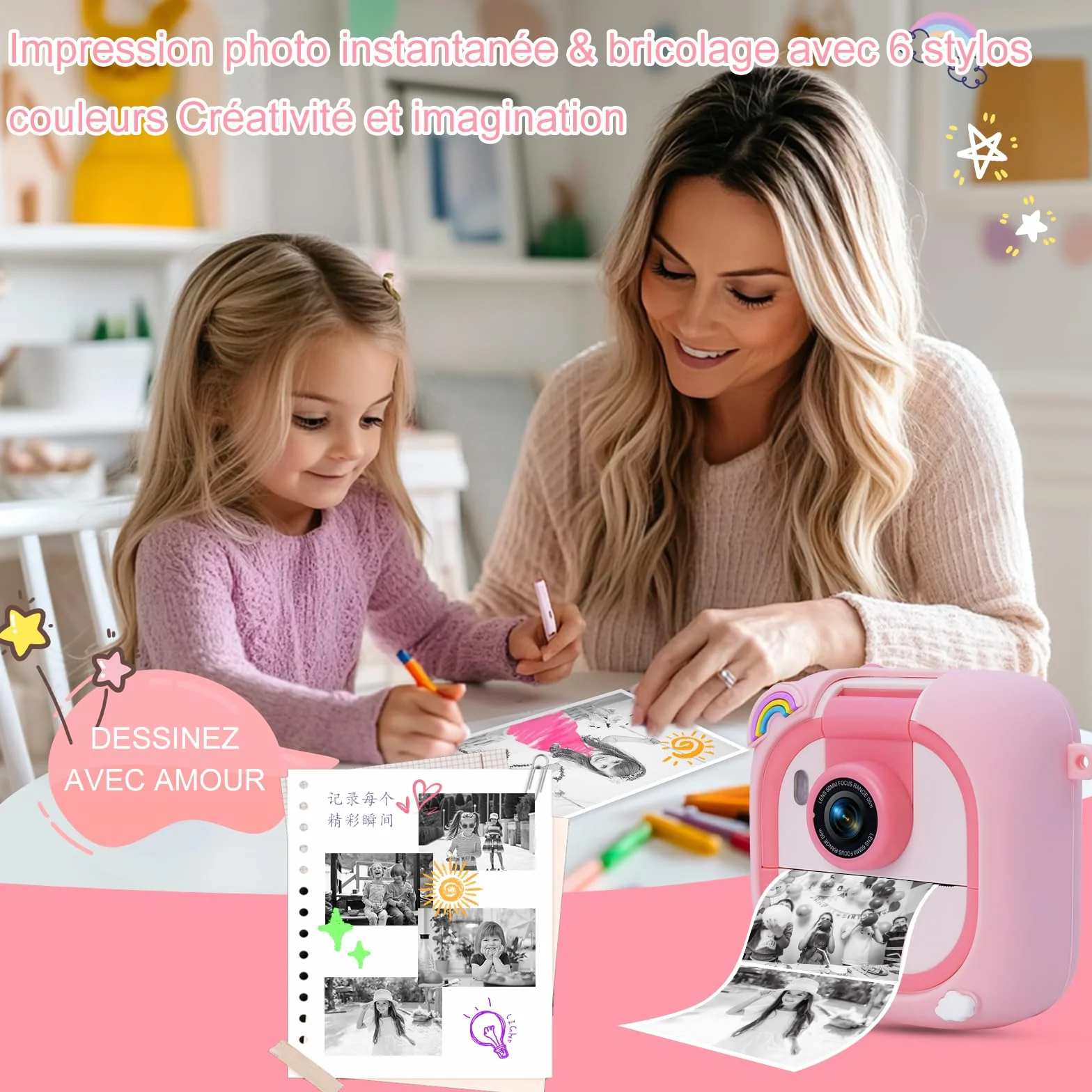 ARNSSIEN Appareil Photo Instantané Enfant avec Écran 2,4" & Objectif Rotatif 180°, Cadeau Noël Anniversaire Filles Garçons M2