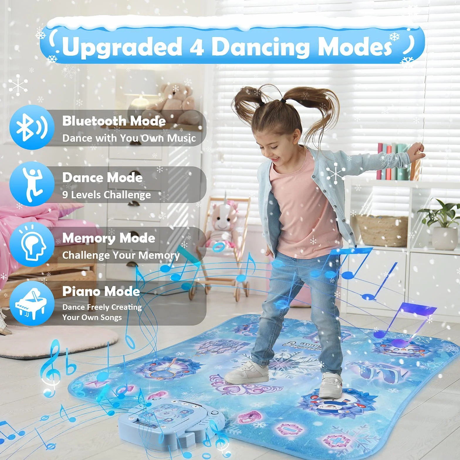 Euakee Tapis de Danse pour Enfants Bluetooth LED 6 Lumières 5 Modes de Jeu Musique Intégrée Bleu