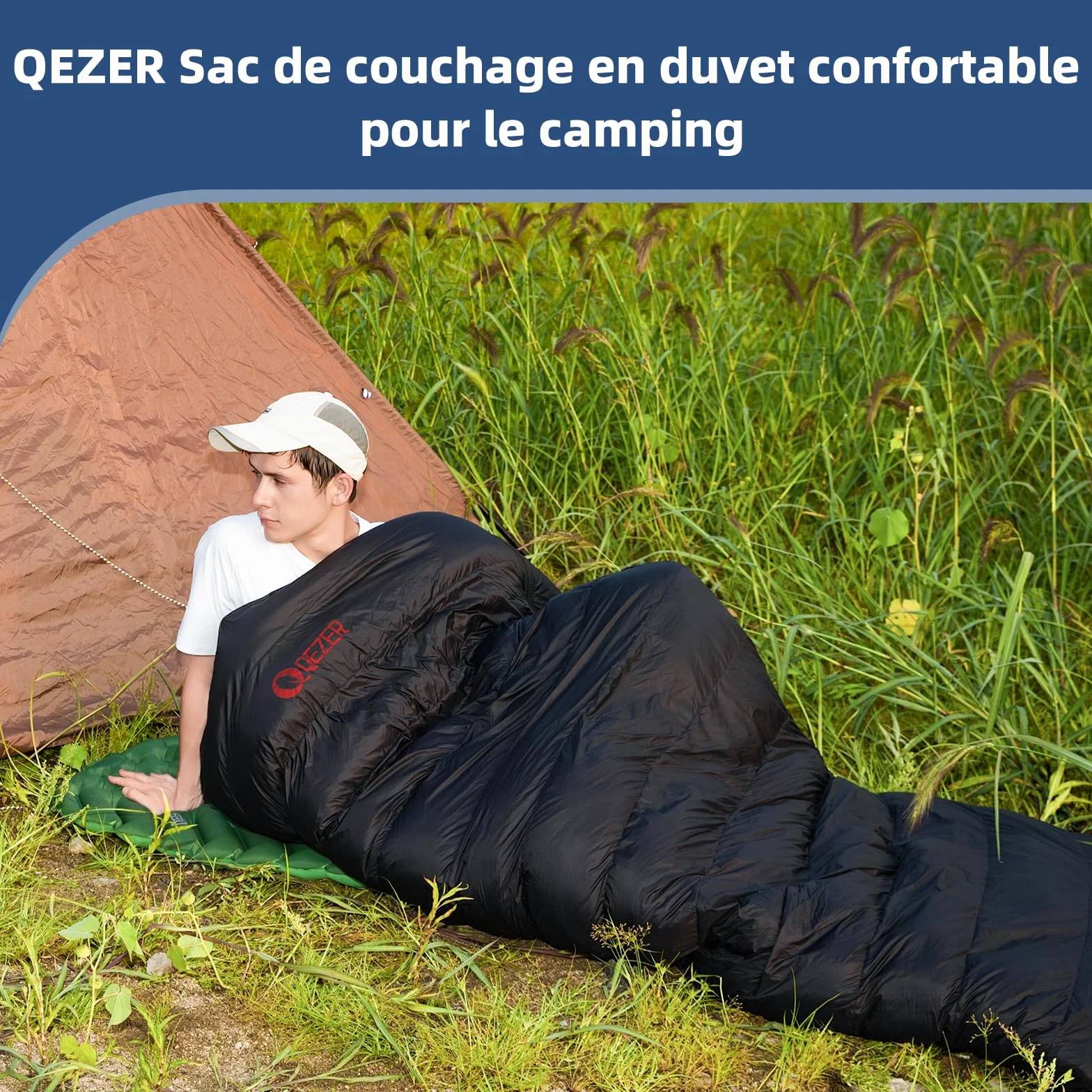 Sac de Couchage QEZER en Duvet 620FP 0°C Ultraléger Grand Froid pour Randonnée Camping