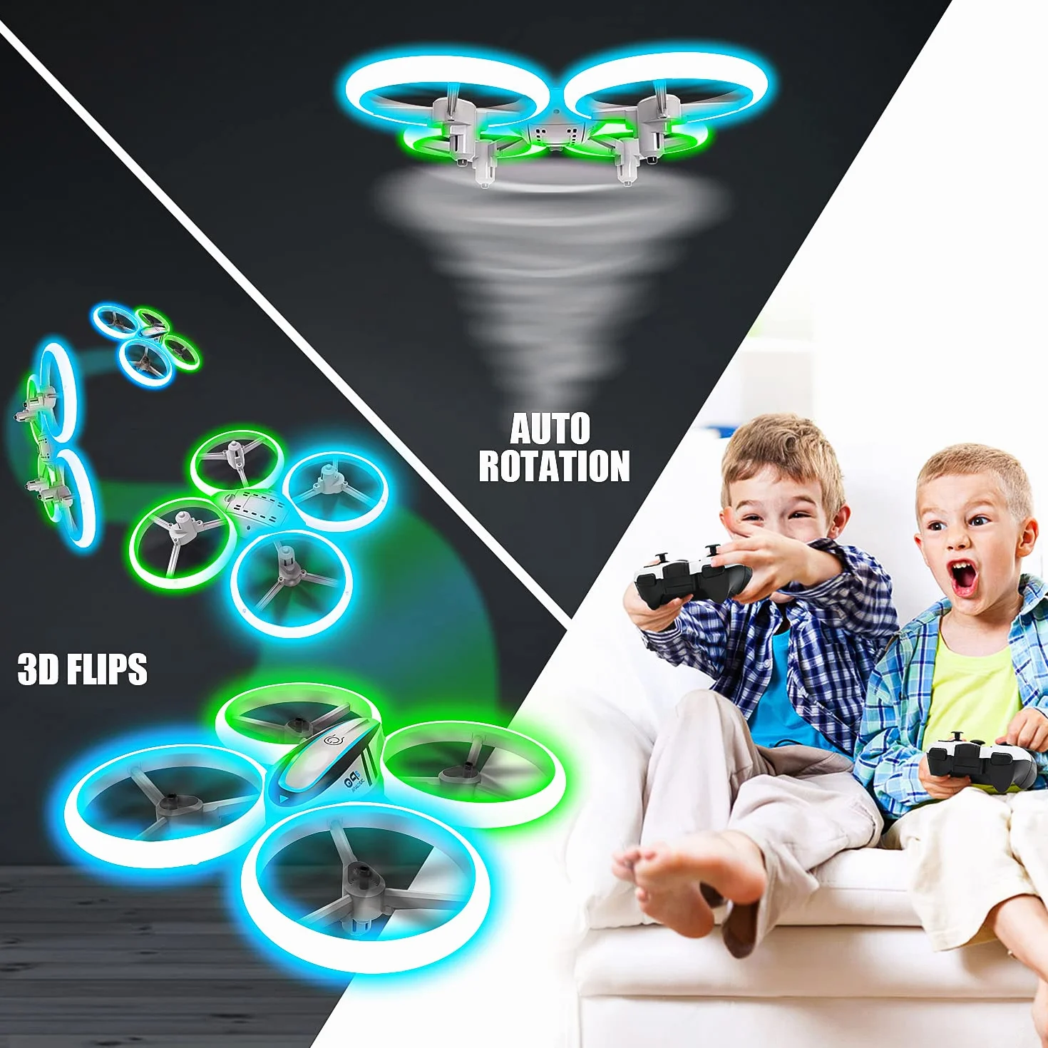Drone Enfant Hélicoptère Télécommandé avec Lumières Bleues et Vertes, Deux Batteries, RC Quadricoptère Maintien d'Altitude