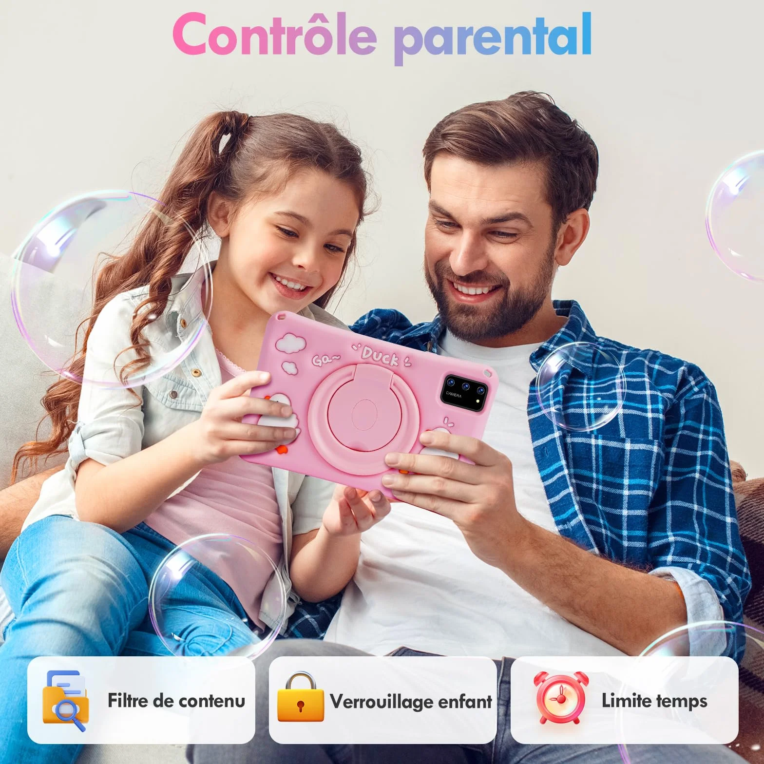Tablette Enfants 7 pouces, Tablette Android 13, Octa-Core, 8Go+64Go (TF 256GB), Batterie 5800mAh, Caméras 5MP+8MP, Affichage HD, Contrôle parental, Housse protectrice en silicone pour enfants(Rose)