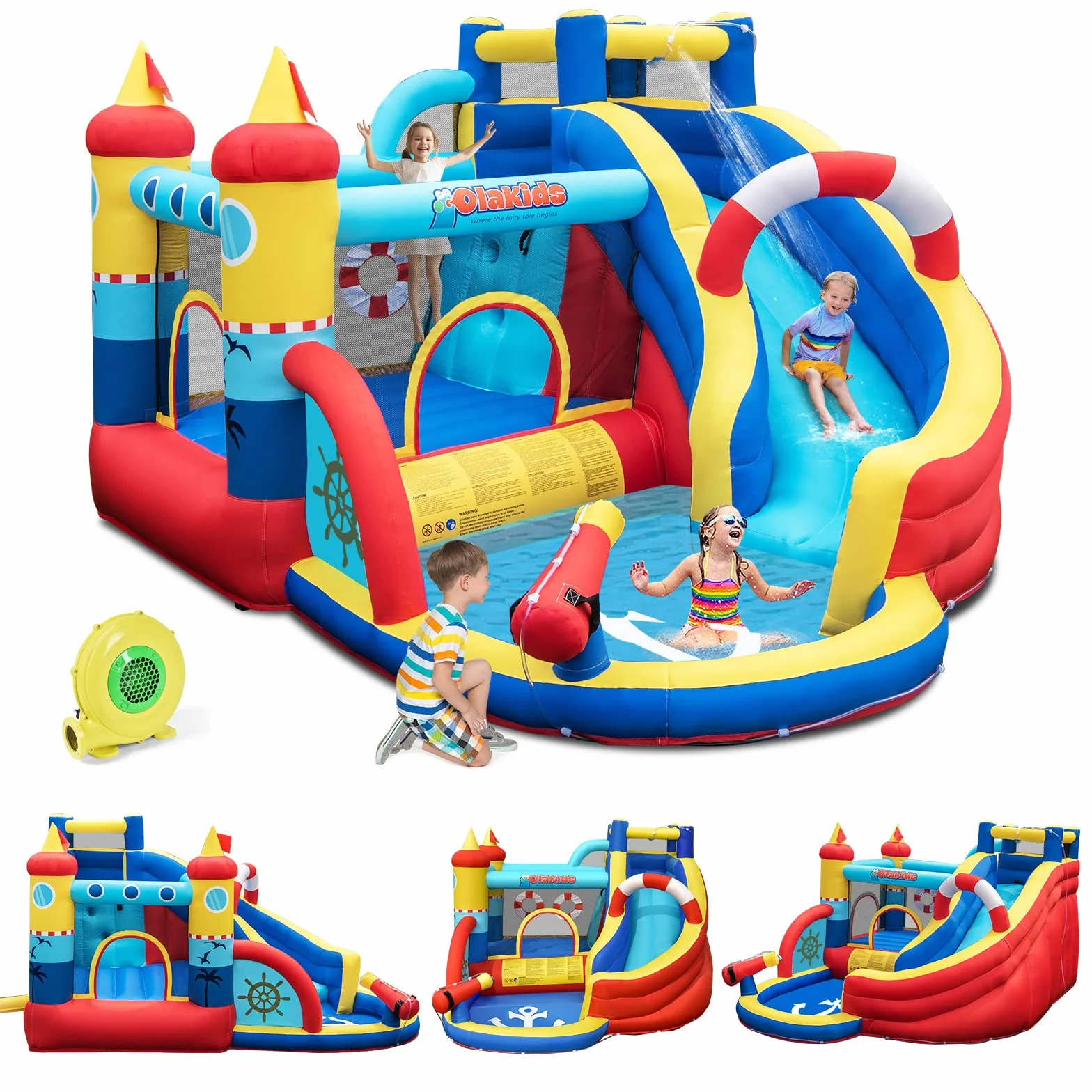 GOPLUS Château Gonflable Pirate avec Toboggan Pistolet à Eau Trampoline Aire de Jeux Gonflable Piscine Mur d'escalade pour Enfants 3-12 Ans 120KG Souffleur 450W