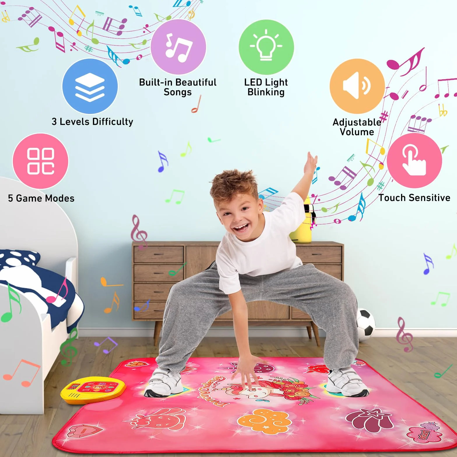VATOS Tapis de Danse Musicale pour Enfants 3-9 Ans avec Lumières LED et Volume Réglable