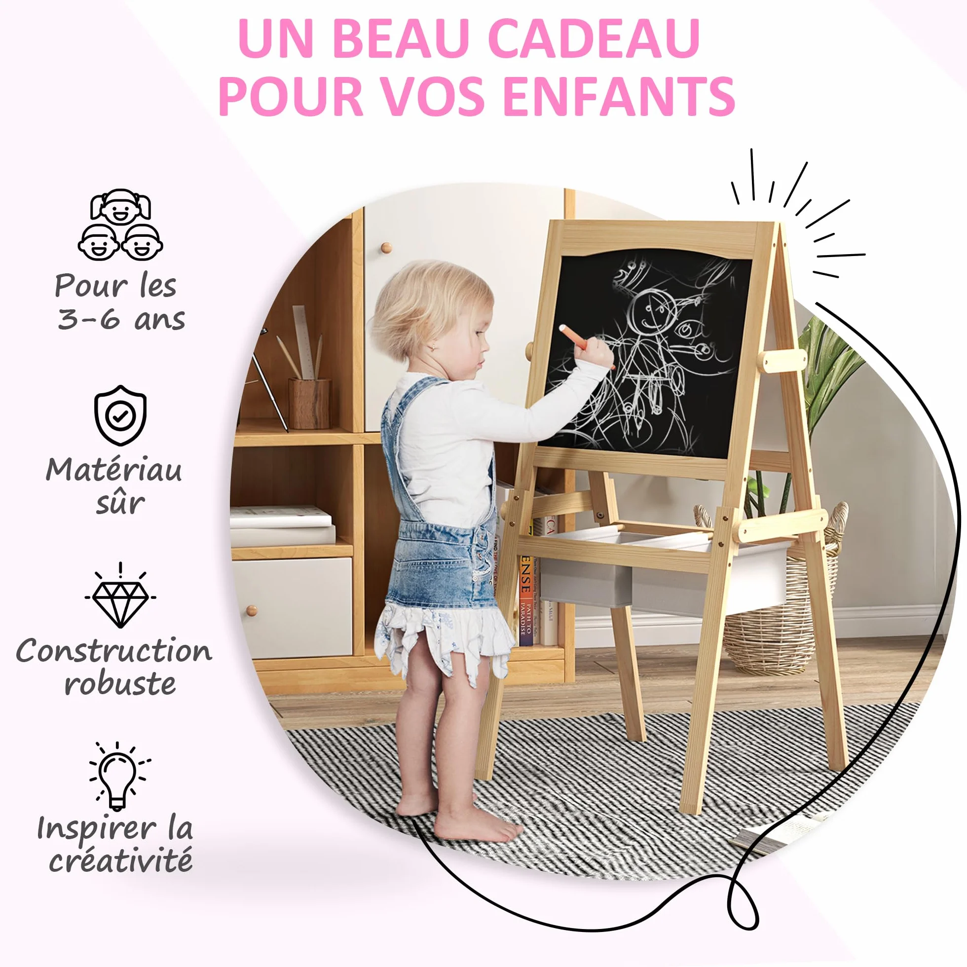 AIYAPLAY Tableau chevalet pour enfants double face bois de pin naturel massif