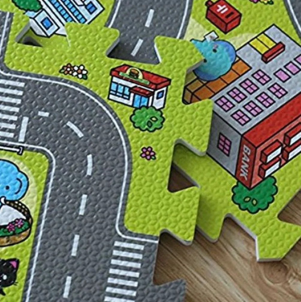 Tapis puzzle en caoutchouc EVA pour enfant circuit routes 90 x 90 x 1 cm pièces interchangeables