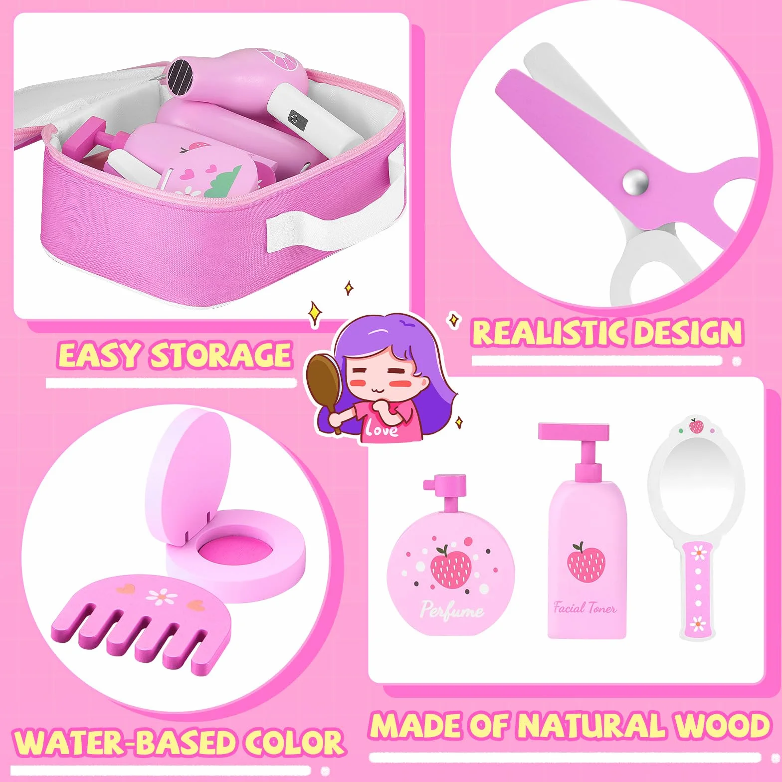 GAGAKU Set de Maquillage en Bois pour Enfants Montessori Jouets Makeup avec Sèche-Cheveux Miroir