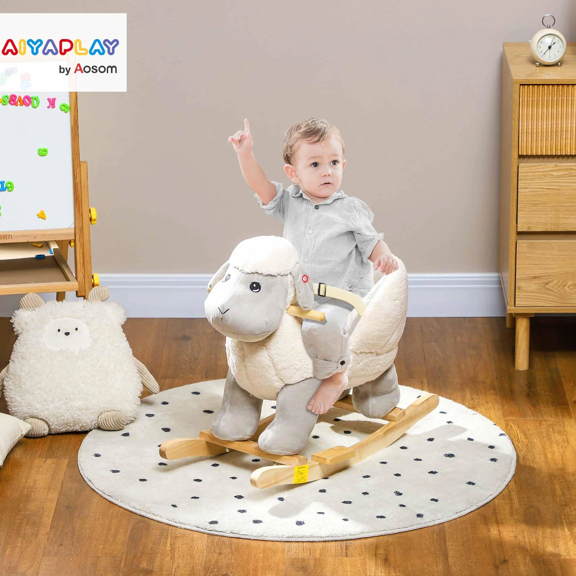 AIYAPLAY Cheval à Bascule pour Enfant, Jouet à Bascule en Peluche Agneau, 68 x 35 x 55 cm, Gris