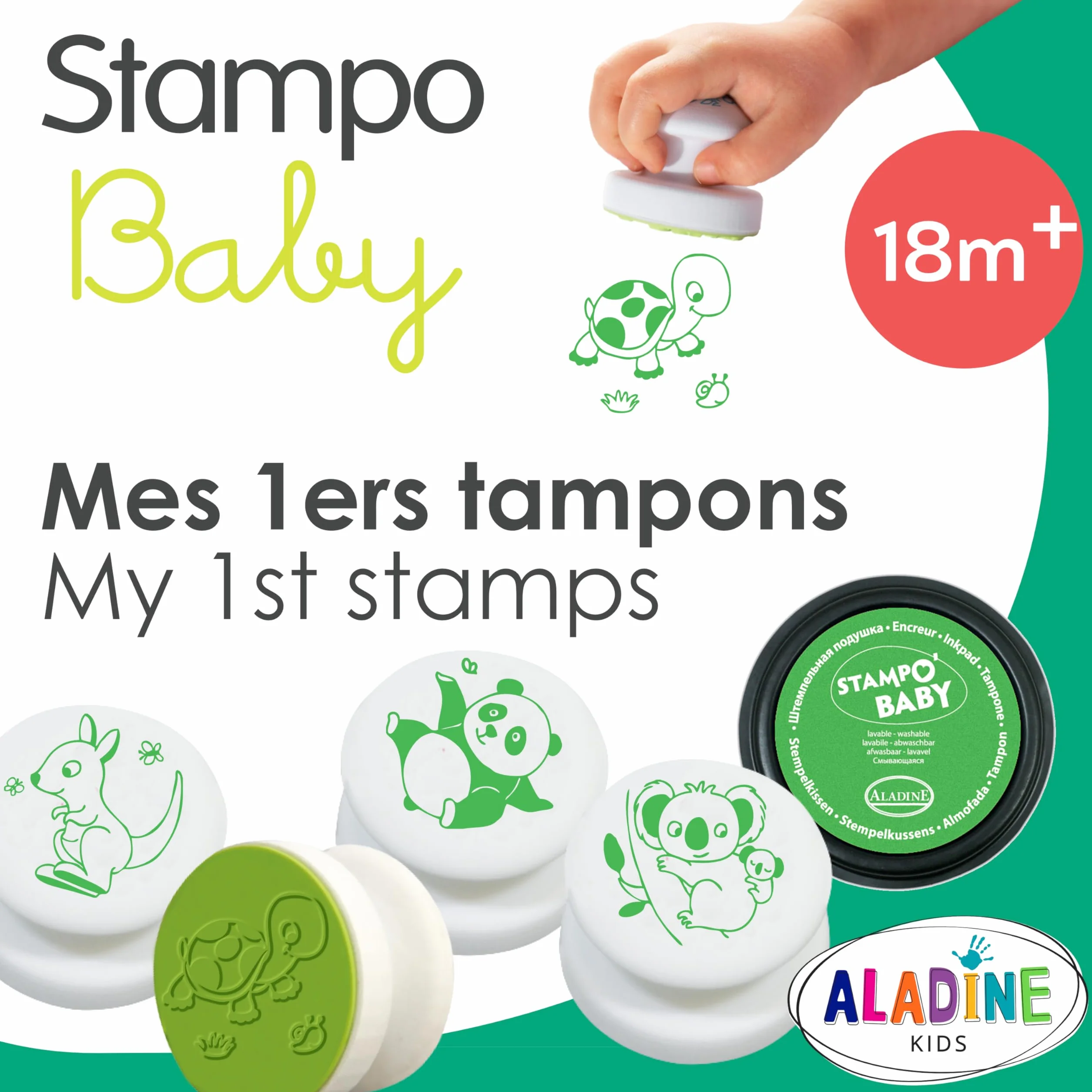 Aladine Stampo Baby 4 Tampons Animaux avec Encreur, Encre Lavable, Activité Manuelle Enfant 2 Ans
