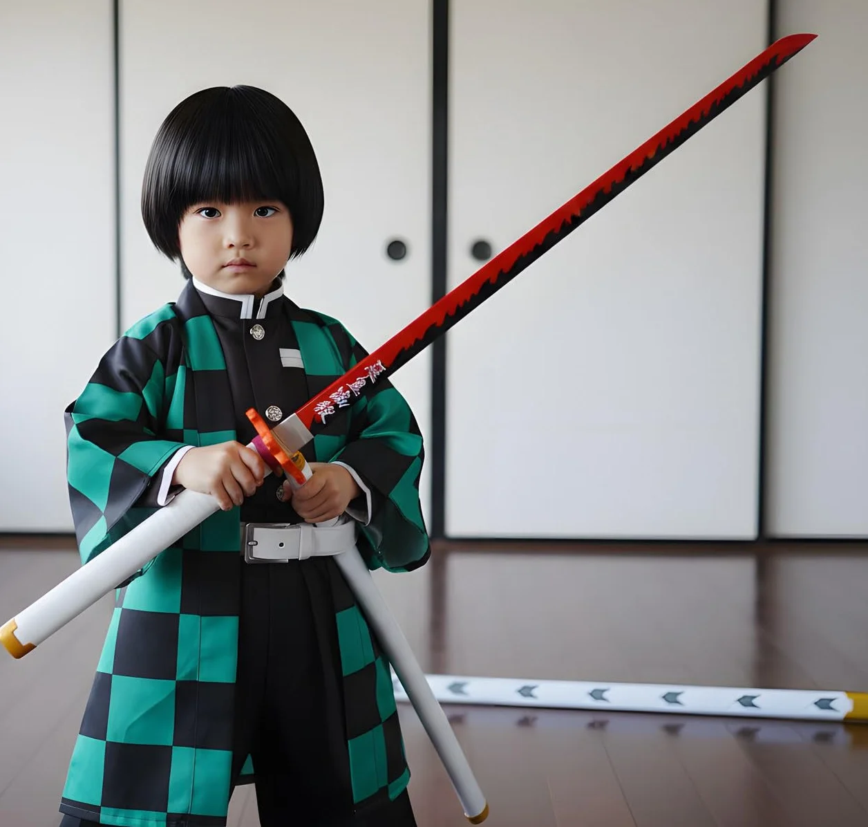 Katana Épée en Bambou 104 cm Anime Ninja Guerrier Arme avec Ceinture Support Halloween Fête Cosplay