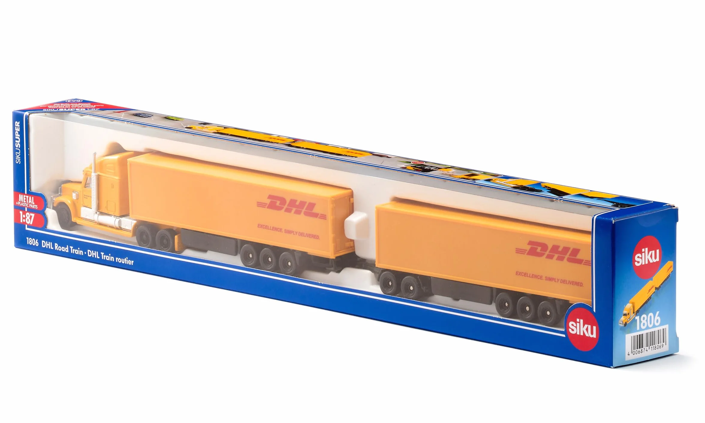 Siku 1806 Freightliner DHL Road Train tracteur semi-remorque 1:87 métal plastique jaune remorque amovible portes ouvrantes