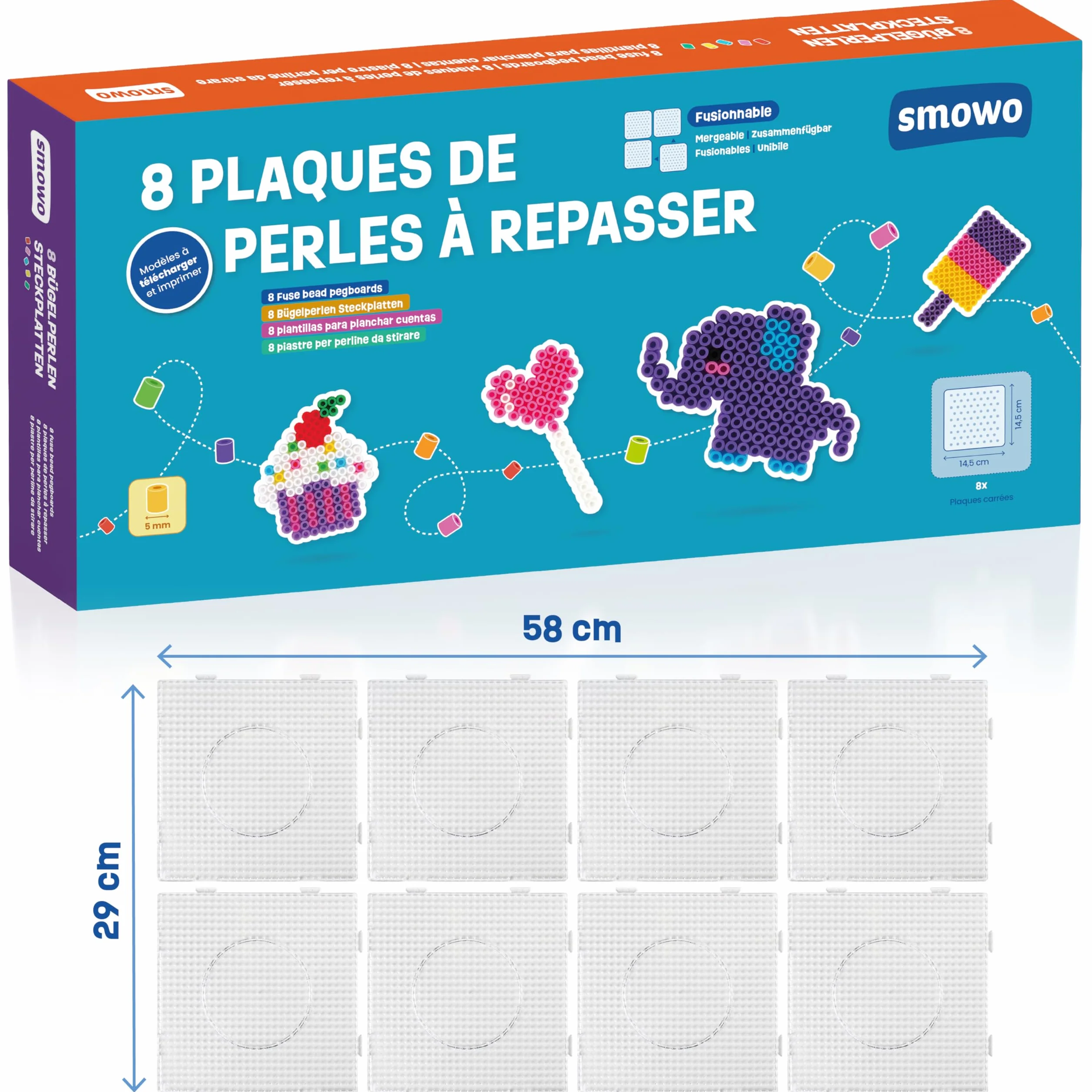 Smowo 8 Plaques de perles de fer à repasser carrées transparentes 14,5 x 14,5 cm