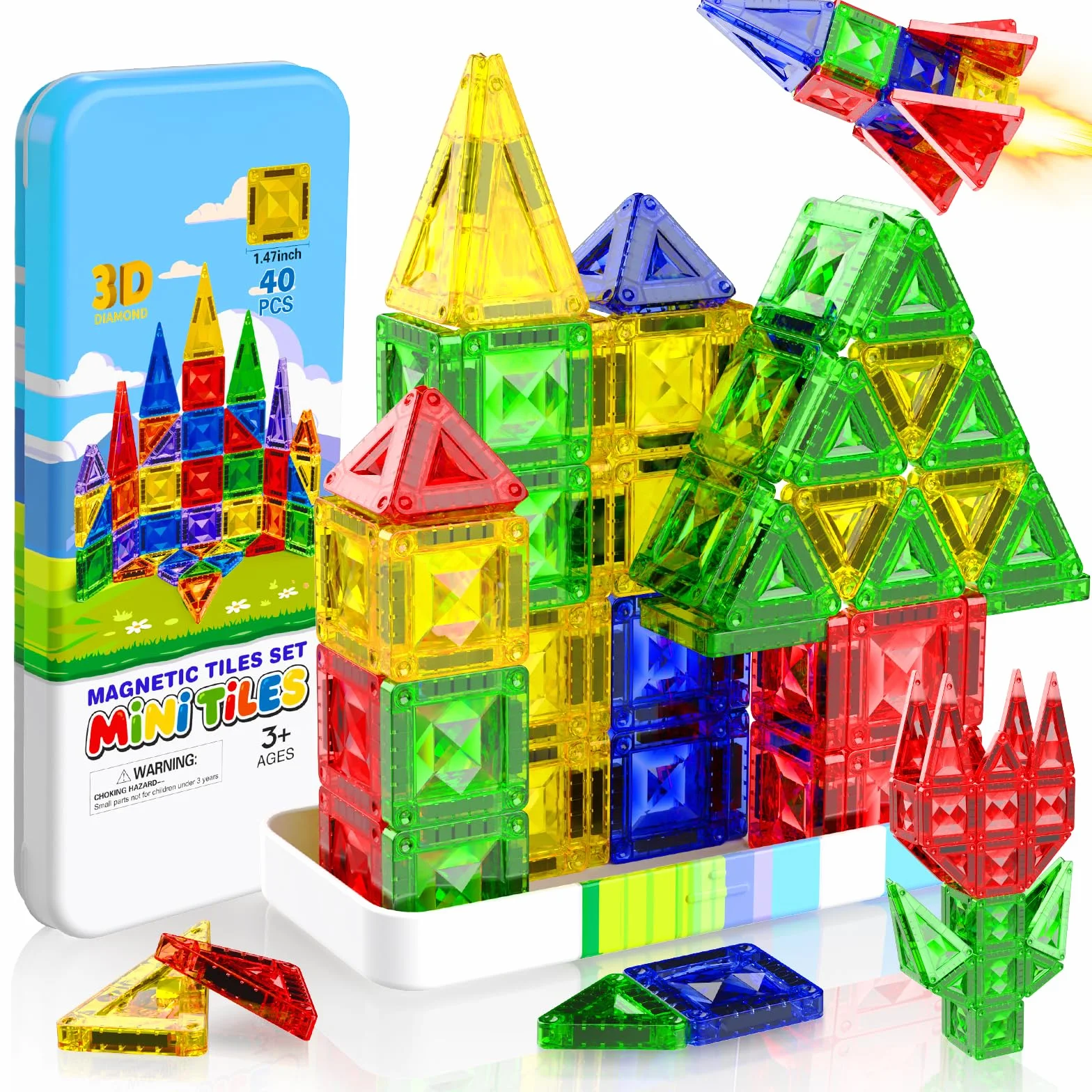 Magnetopia Mini Tuiles Magnétiques Enfant 40 Pièces Set Voyage Boîte Métallique Portable Jeu Magnétique Créatif 4-8 Ans