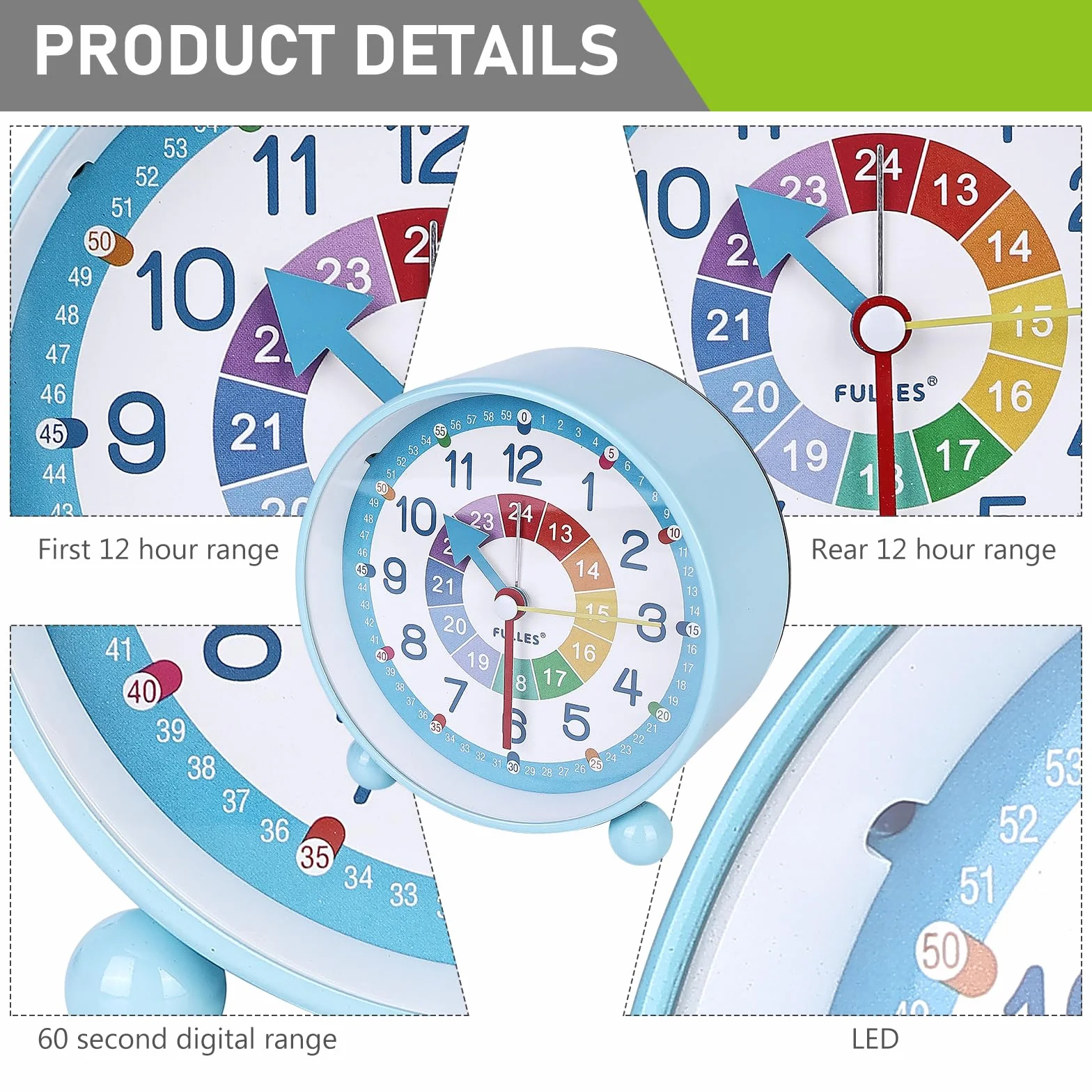 PORFOYO Réveil numérique pour enfant - Horloge d'apprentissage silencieuse - Avec veilleuse - Bleu